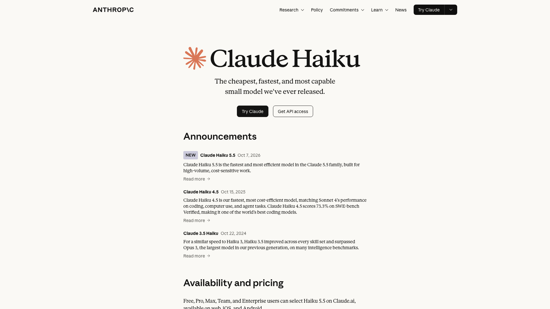 Screenshot of the Anthropic Claude Haiku page, announcing Claude Haiku 5.5 on 7 October 2026