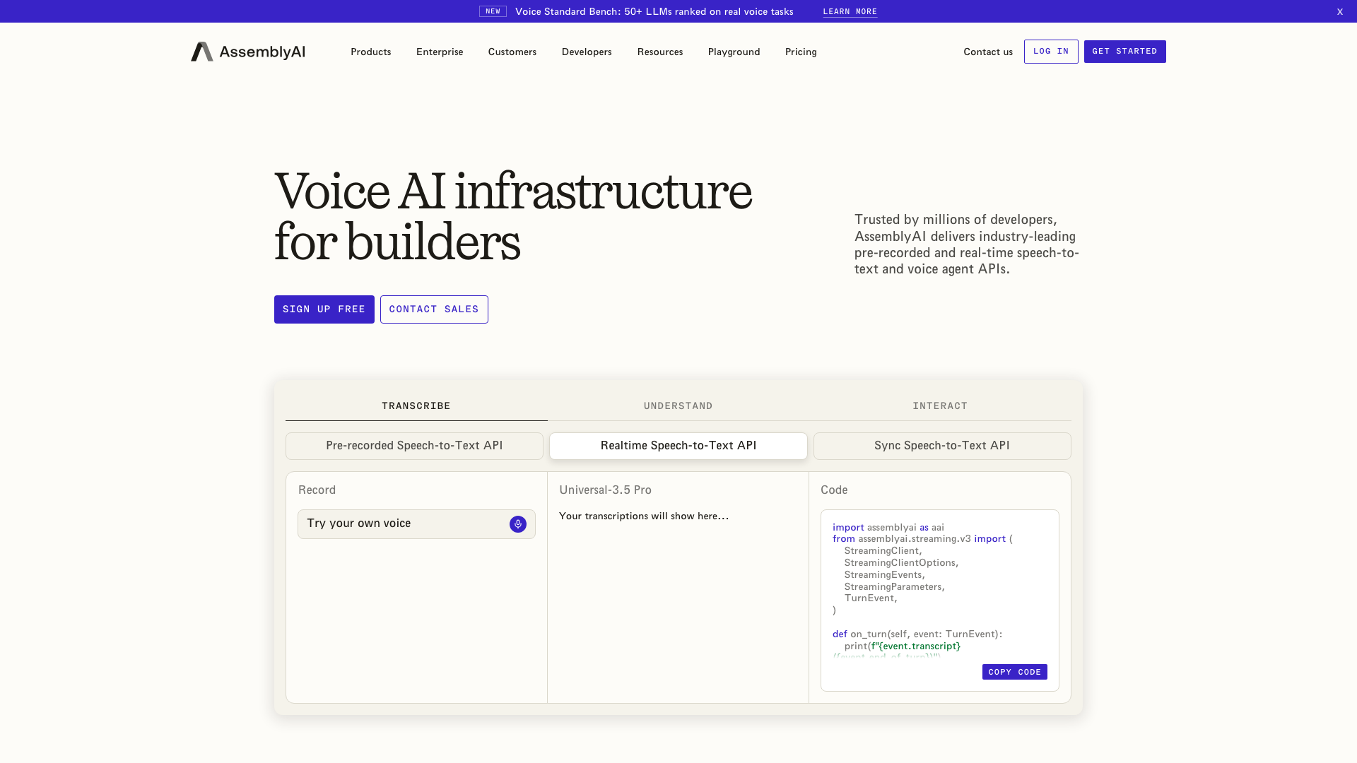 Screenshot of the AssemblyAI homepage, presenting voice AI infrastructure with a realtime speech to text demo
