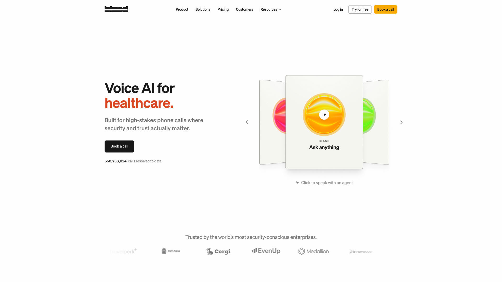 Screenshot of the Bland homepage, a voice AI platform for high-stakes phone calls