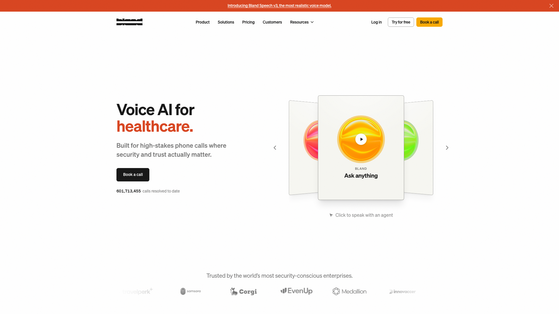 Screenshot of the Bland homepage, a voice AI platform built for high-stakes phone calls