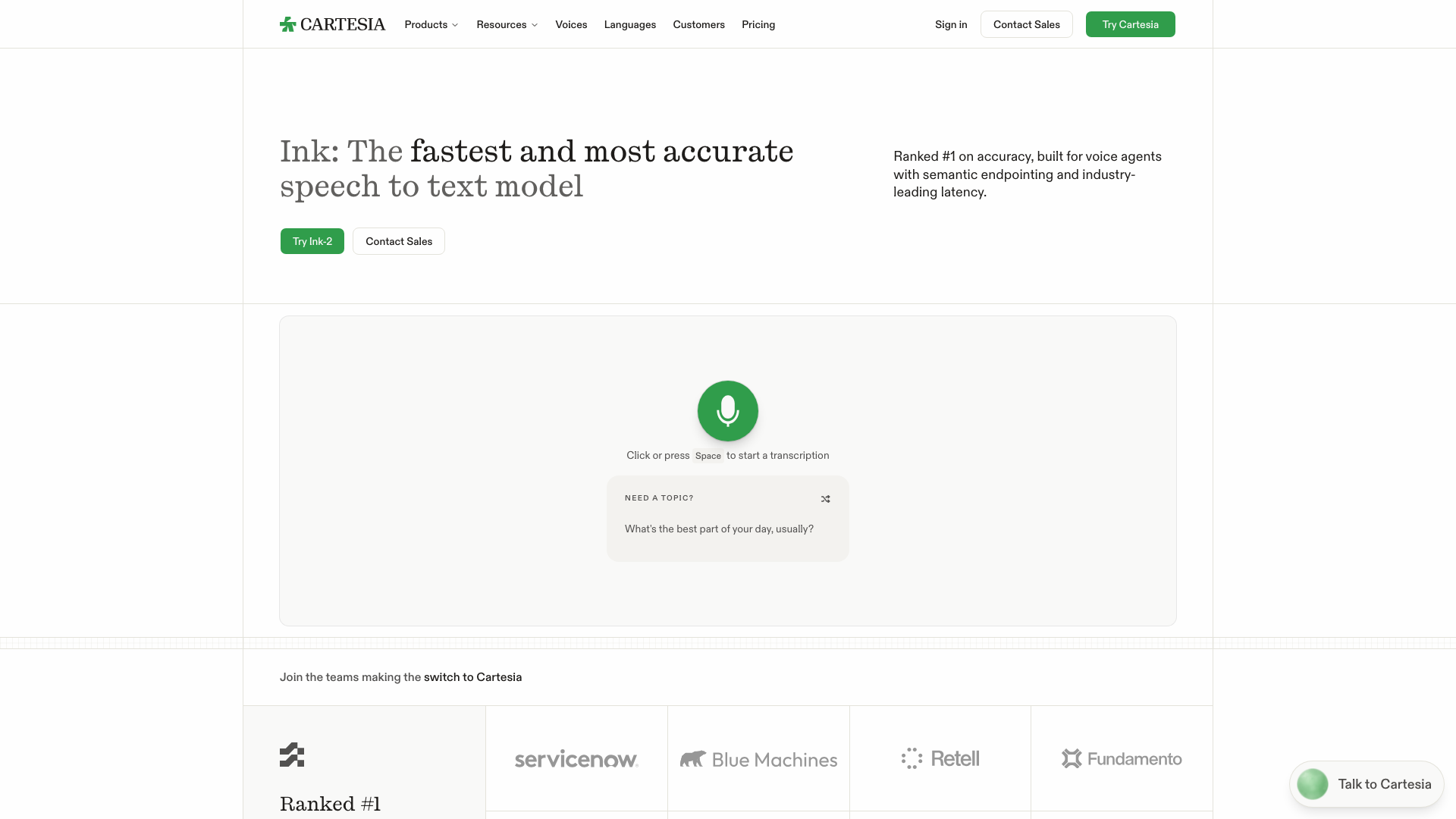 Screenshot of the Cartesia Ink page, presenting Ink as a speech to text model built for voice agents