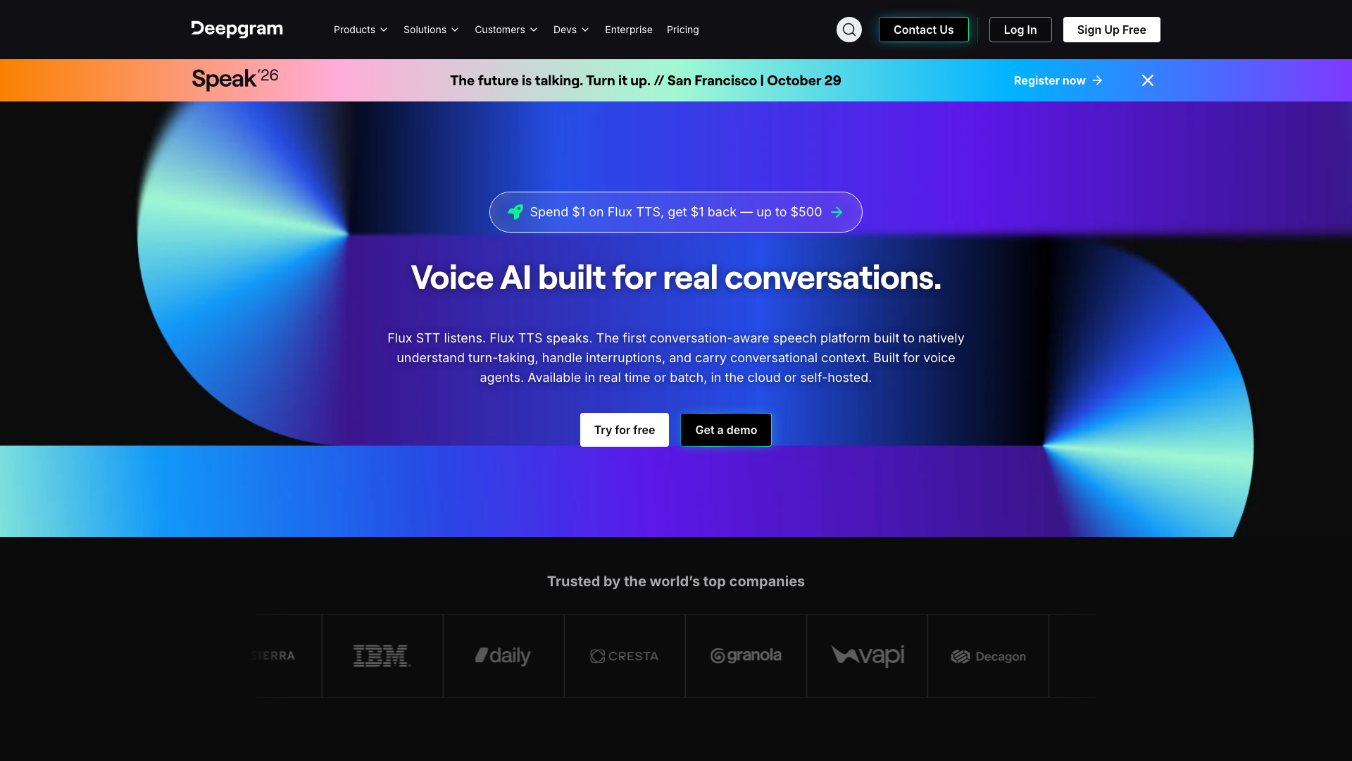 Screenshot of the Deepgram homepage, presenting Flux as voice AI built for real conversations