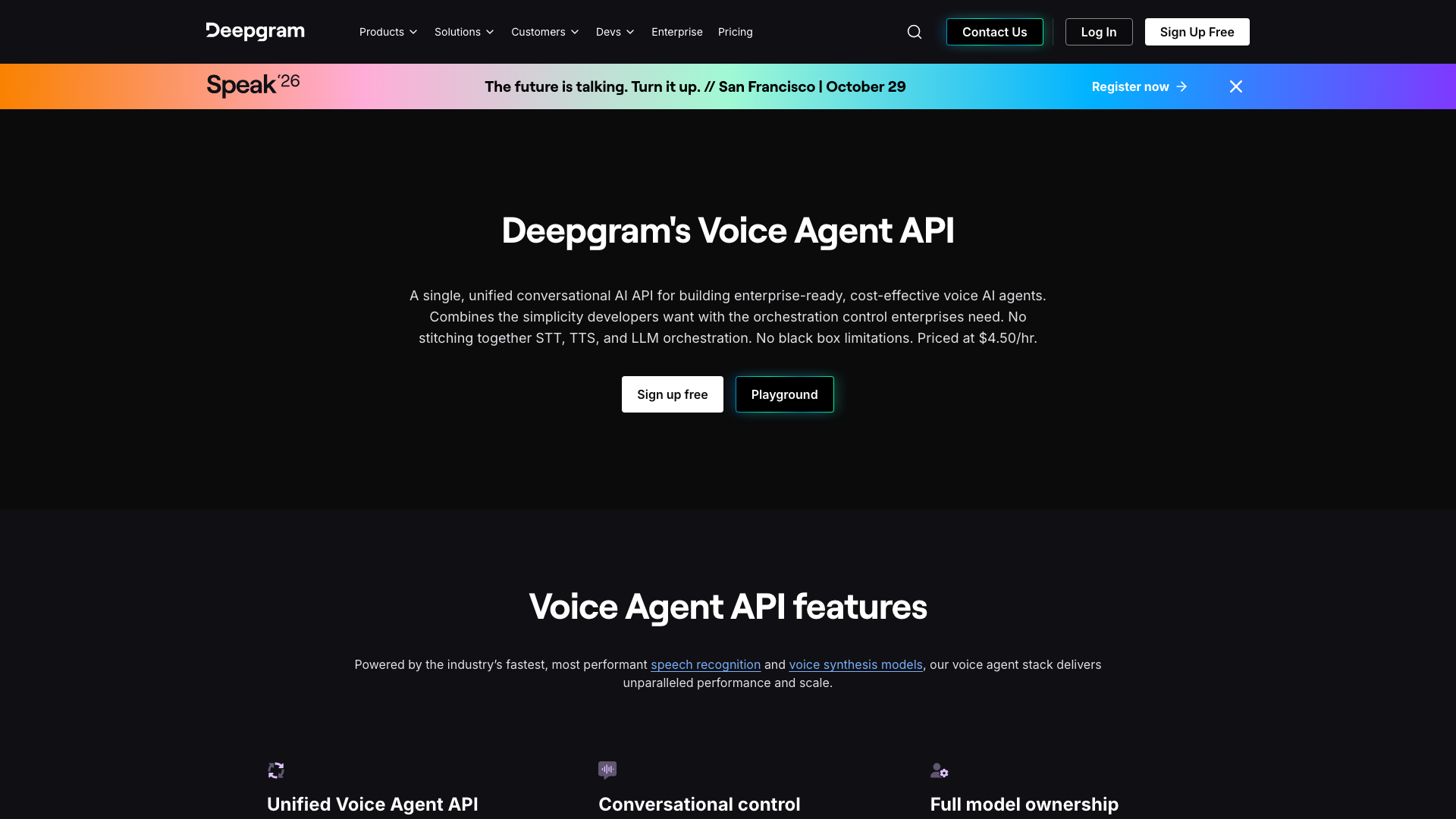 Screenshot of the Deepgram Voice Agent API page, presenting a unified conversational AI API for voice agents