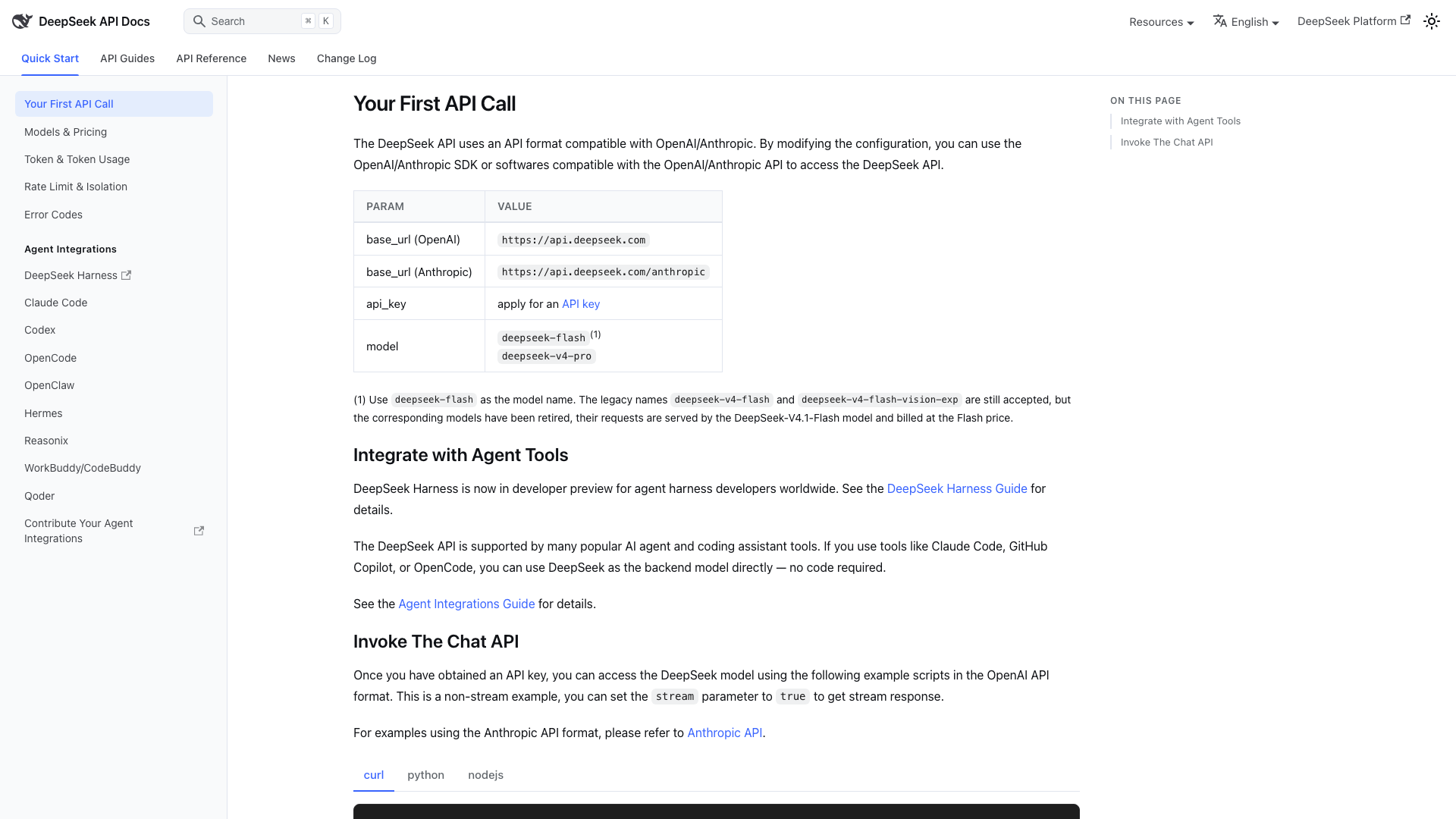 Screenshot of the DeepSeek API documentation, listing the deepseek-flash and deepseek-v4-pro models