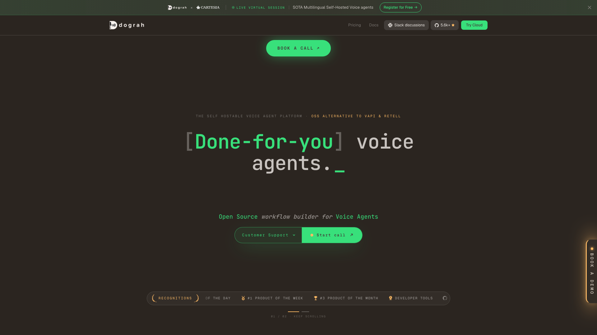 Screenshot of the Dograh homepage, an open source workflow builder for voice agents that can be self-hosted