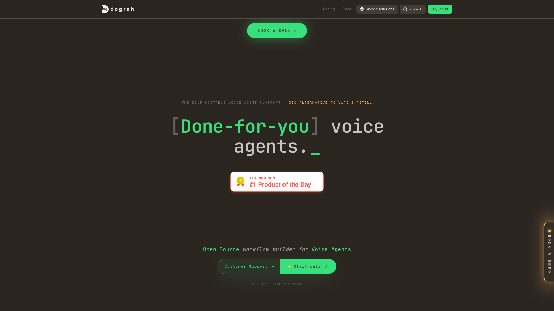 Screenshot of the Dograh homepage, an open source self-hostable voice agent platform