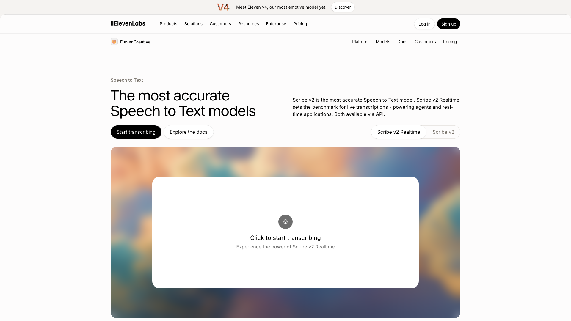 Screenshot of the ElevenLabs speech to text page, presenting Scribe v2 Realtime with a live transcription demo