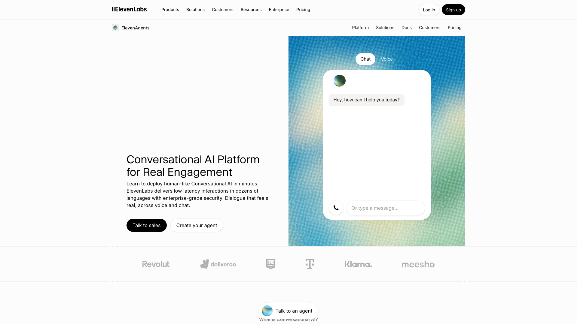 Screenshot of the ElevenLabs Agents page, presenting a conversational AI platform for voice and chat