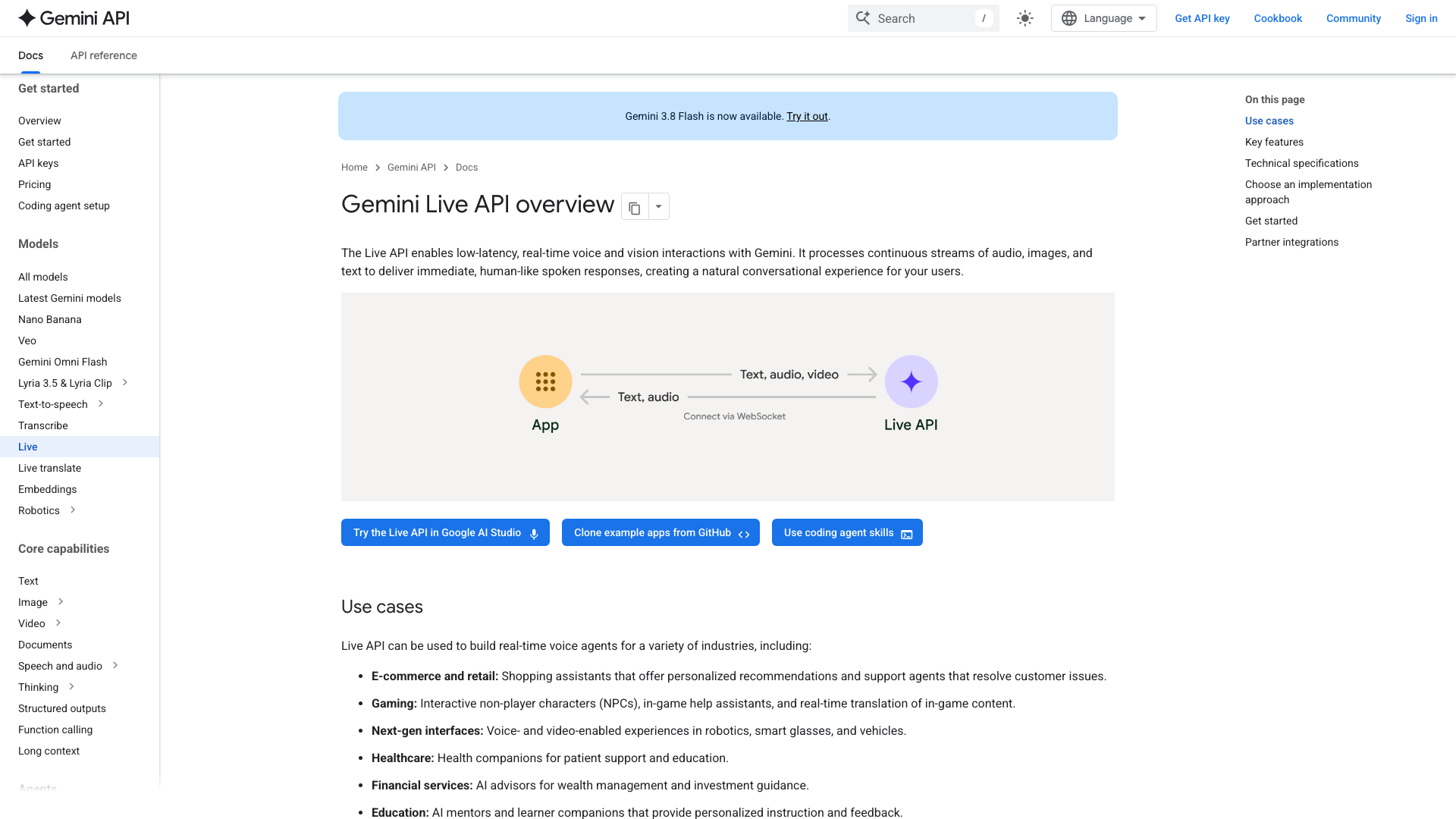Screenshot of the Gemini Live API overview, showing an app streaming text, audio and video to the Live API over a WebSocket
