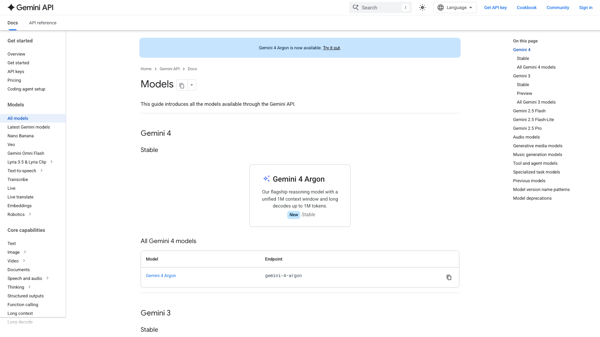 Screenshot of the Gemini API documentation listing the Gemini models