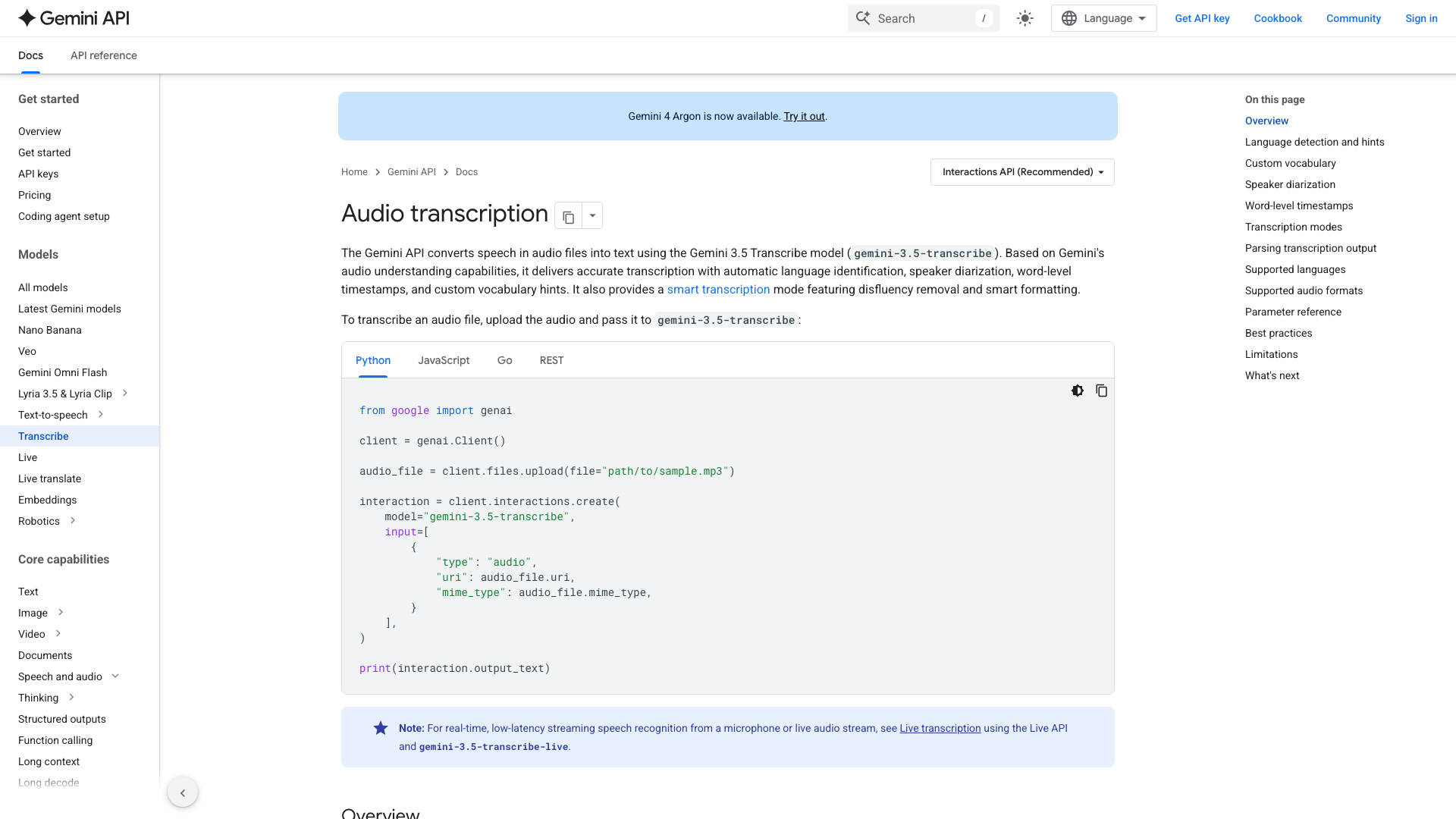 Screenshot of the Gemini API audio transcription documentation, presenting the Gemini 3.5 Transcribe model
