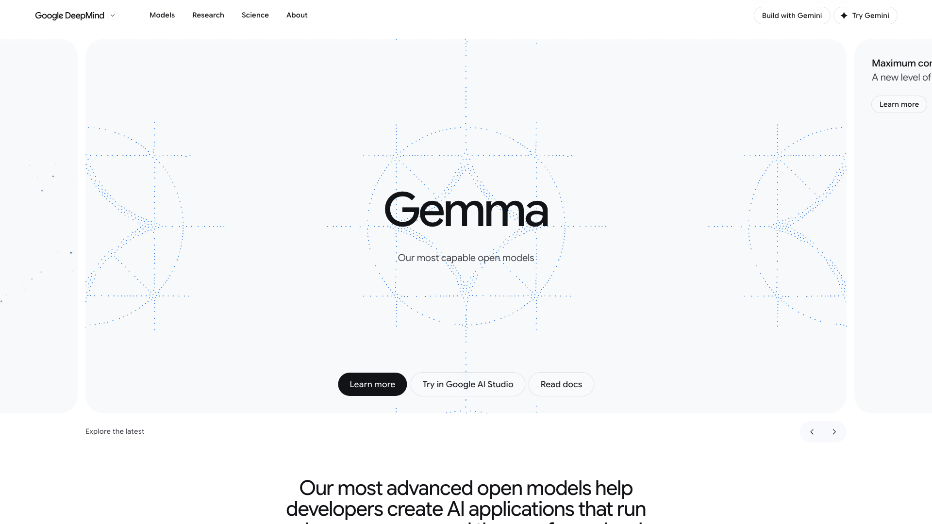 Screenshot of the Google DeepMind Gemma page presenting its open models