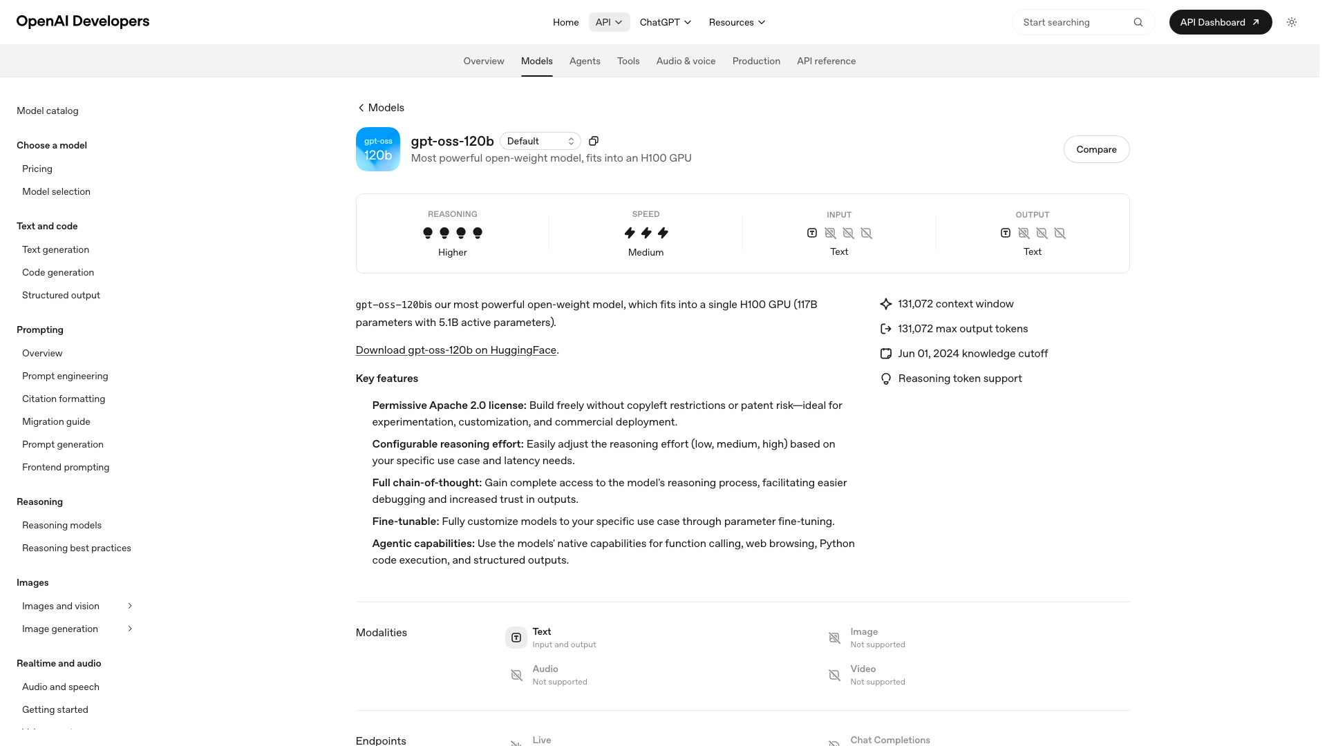 Screenshot of the OpenAI developer documentation page for gpt-oss-120b, an open weight model under Apache 2.0