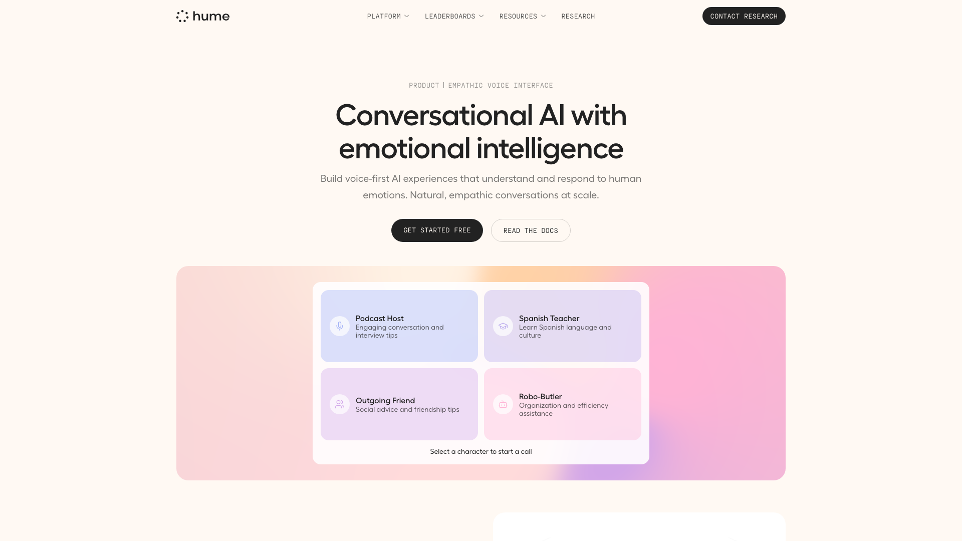 Screenshot of the Hume Empathic Voice Interface page, presenting conversational AI with emotional intelligence