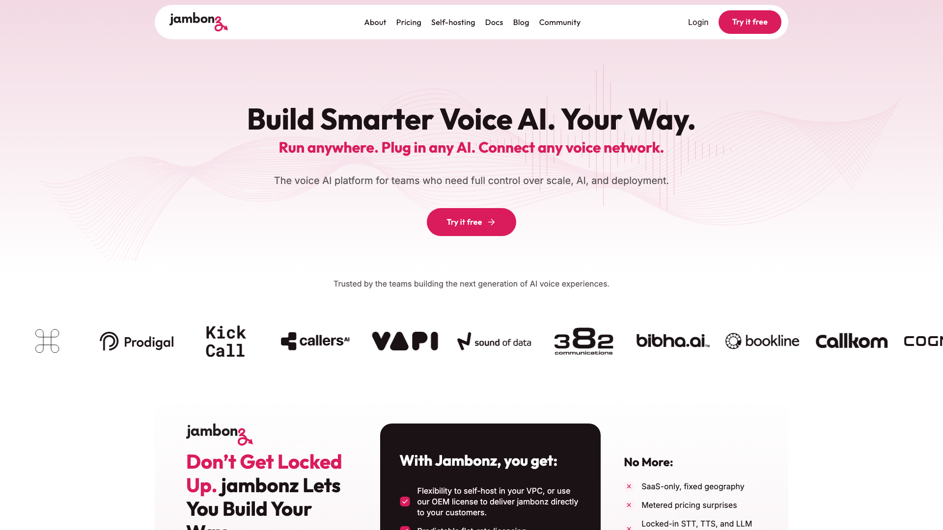 Screenshot of the Jambonz homepage, an open source voice platform for communication service providers
