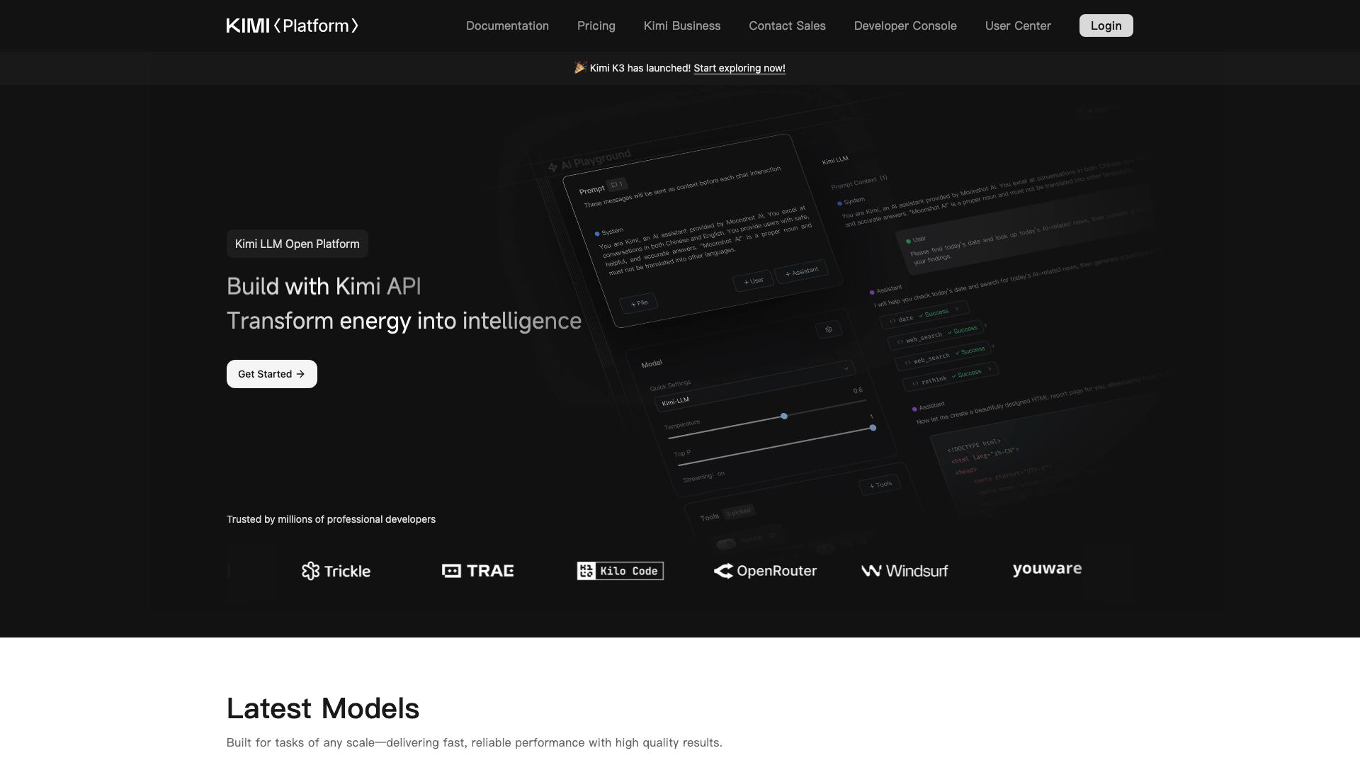 Screenshot of the Kimi API platform homepage, announcing the launch of Kimi K3