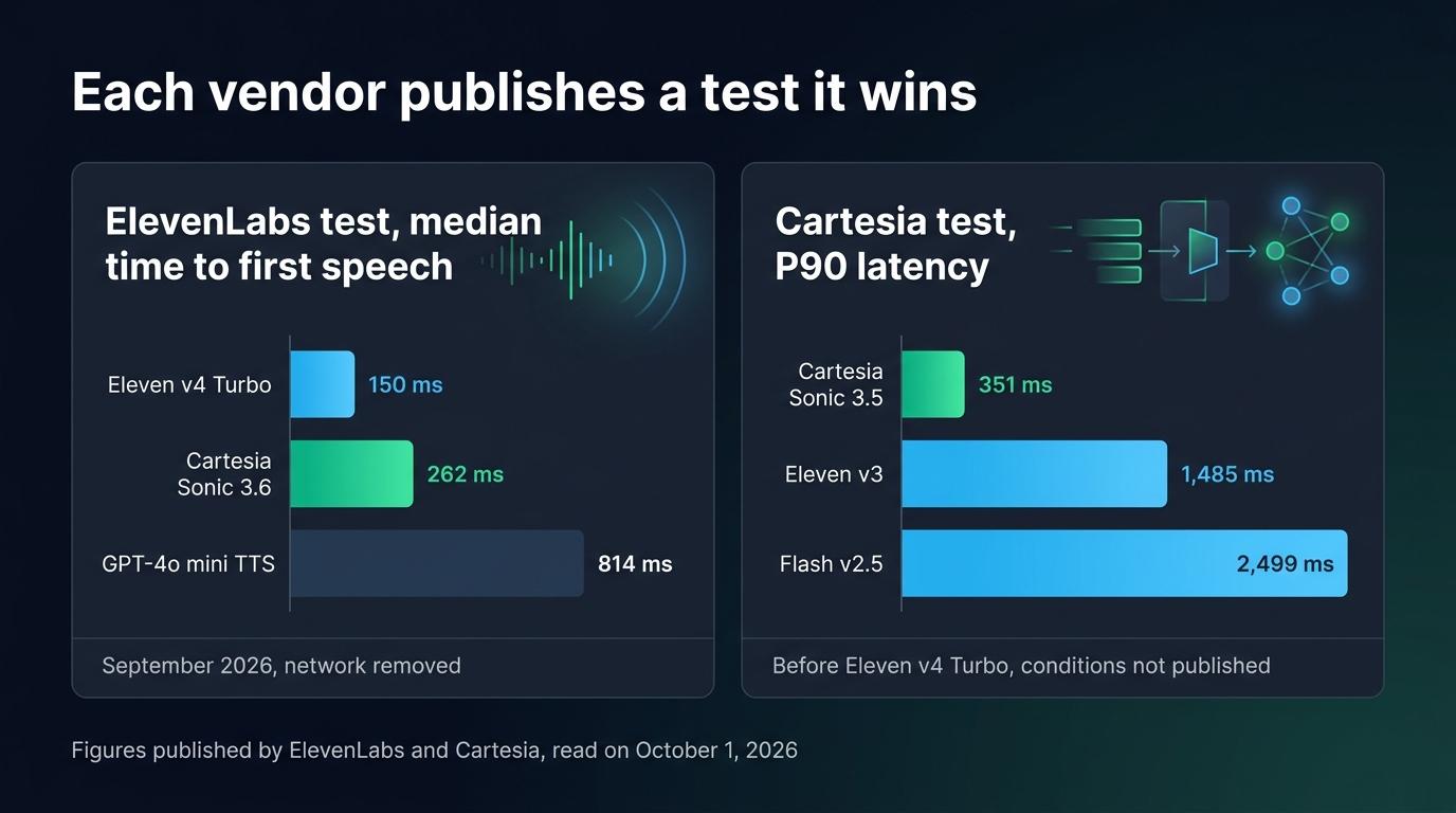 Two vendor benchmarks: ElevenLabs measures v4 Turbo at 150 ms against 262 ms for Sonic 3.6, Cartesia measures Sonic 3.5 at 351 ms P90 against 2,499 ms for Flash v2.5