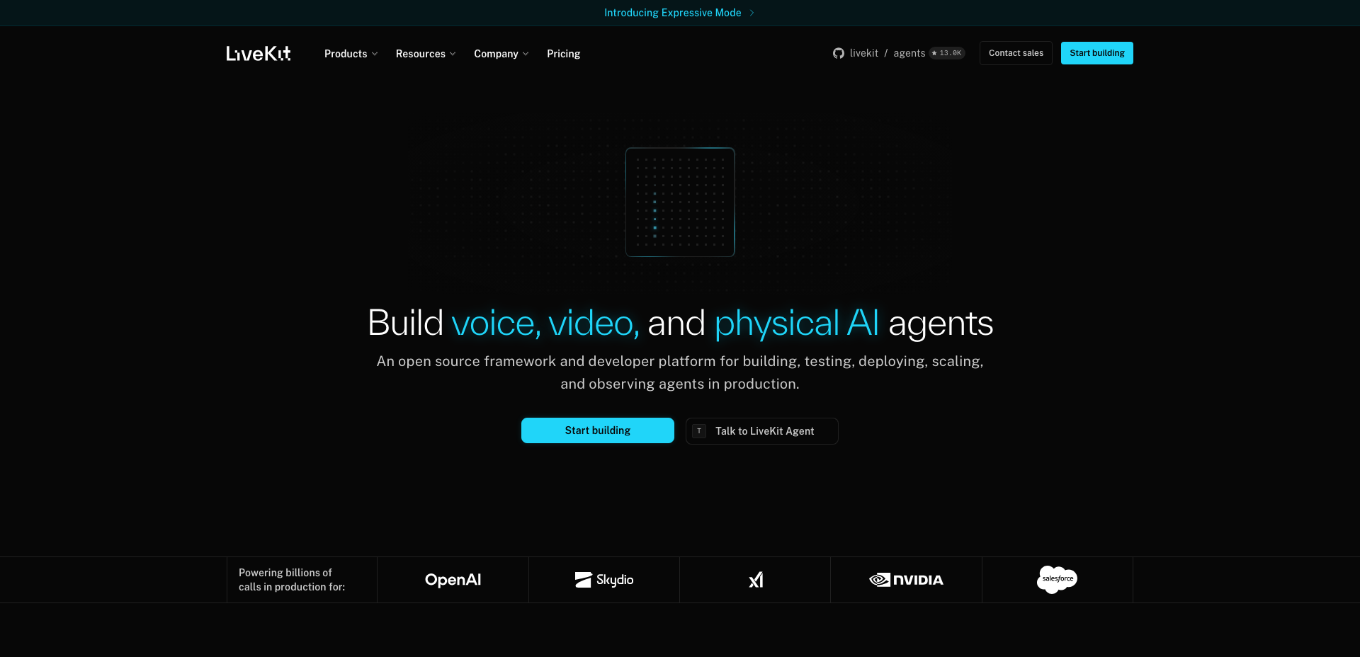 Screenshot of the LiveKit homepage, presenting an open source framework for voice, video and physical AI agents
