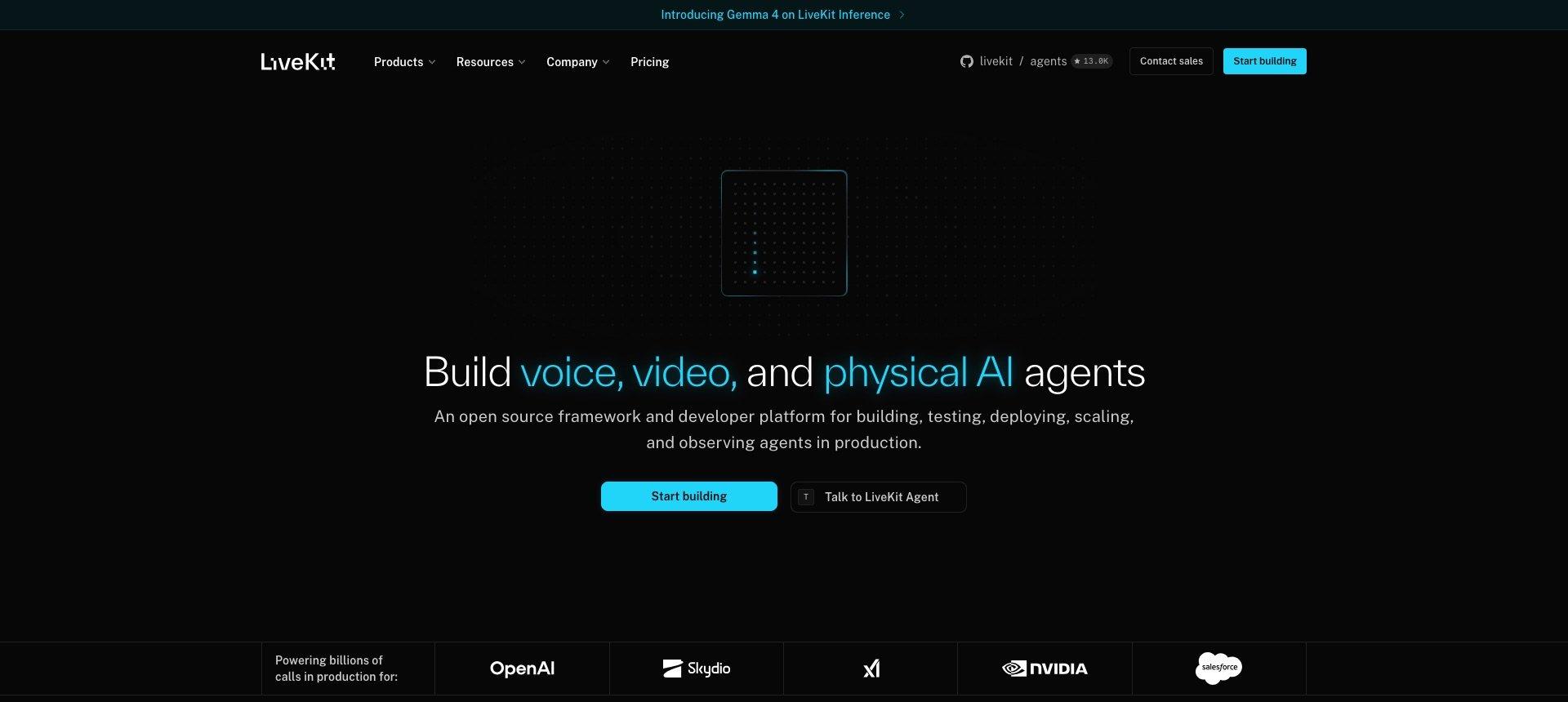 The LiveKit homepage, presenting an open source framework and developer platform for voice, video and physical AI agents