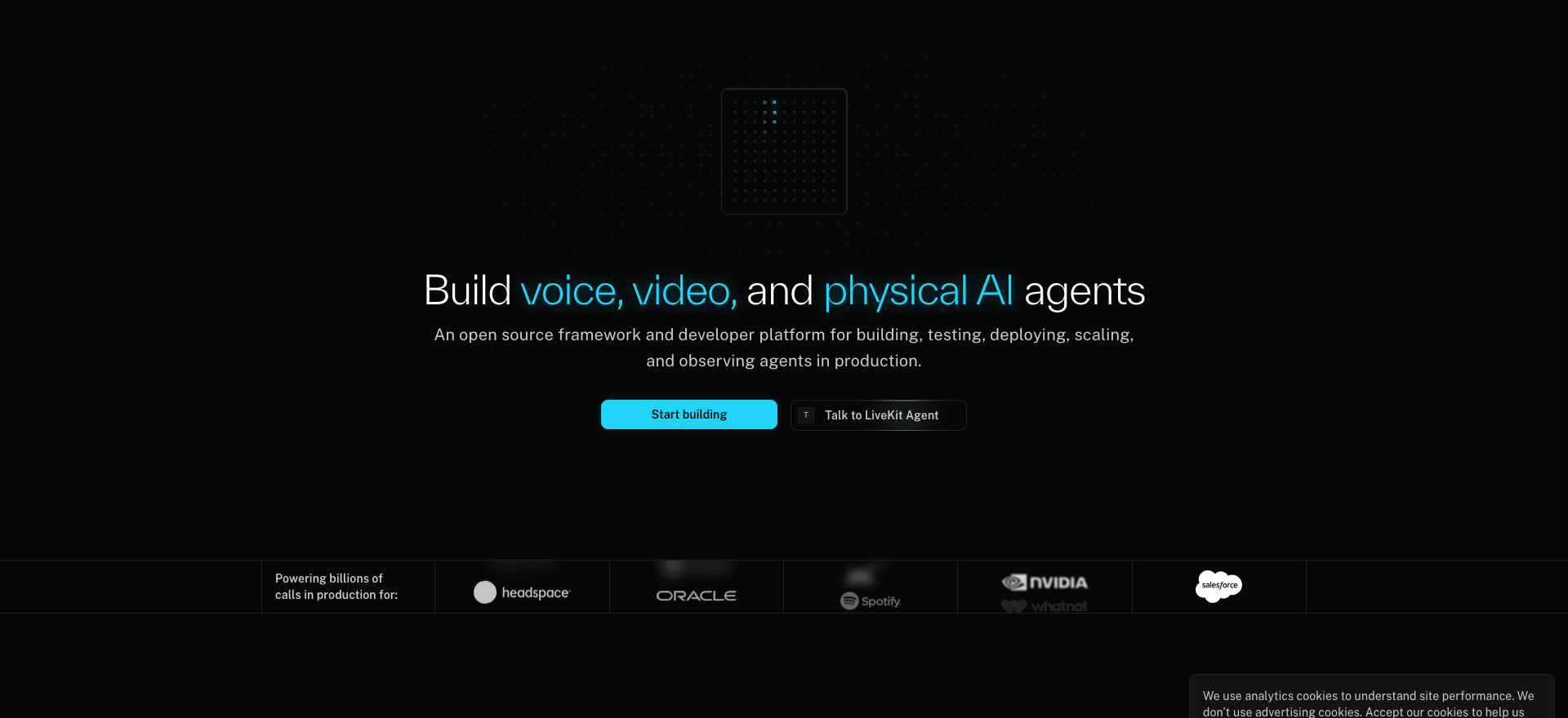 Screenshot of the LiveKit homepage, presenting an open source framework and developer platform for voice, video and physical AI agents