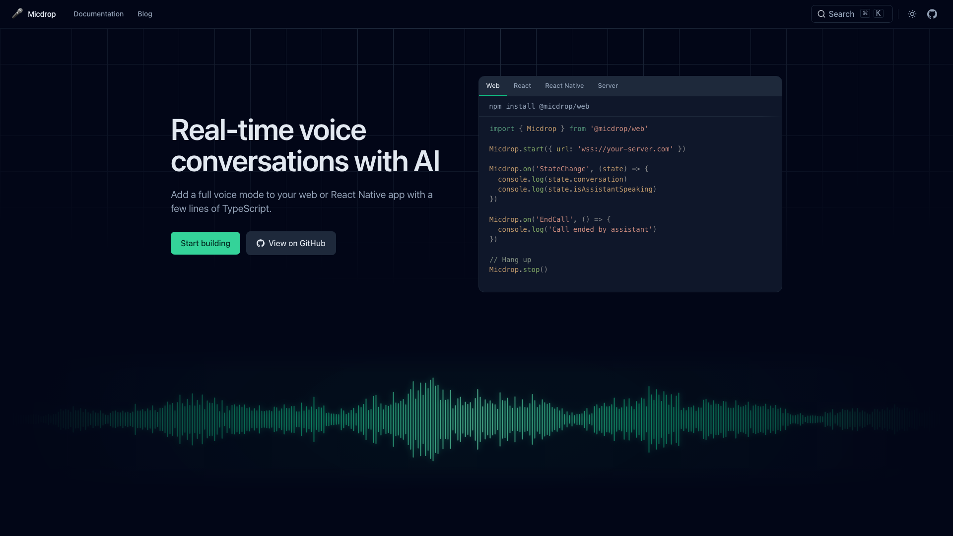 Screenshot of the Micdrop homepage, presenting real-time voice conversations with AI for web and React Native apps in TypeScript