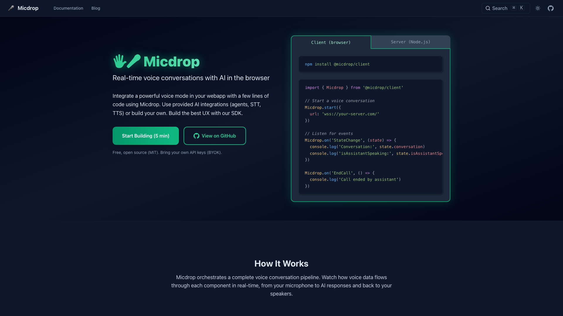Screenshot of the Micdrop homepage, a TypeScript SDK for real-time voice conversations with AI in the browser