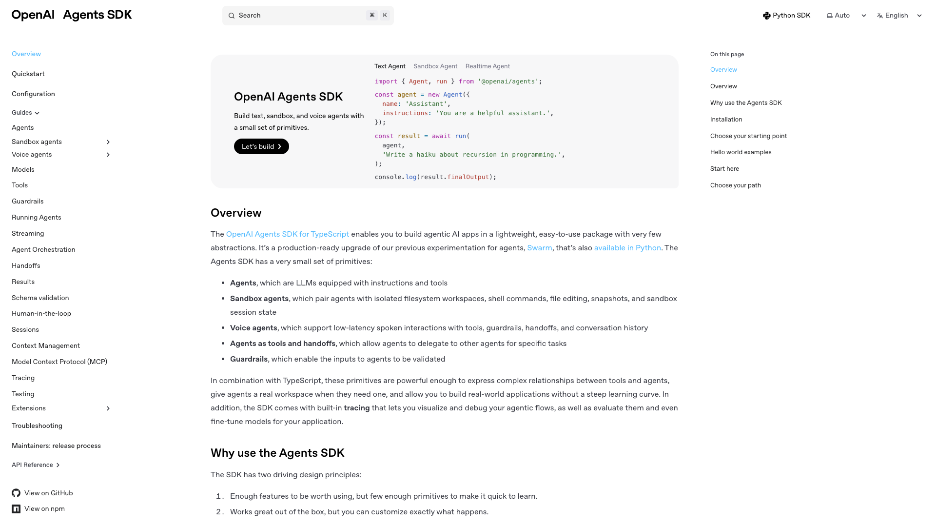 Screenshot of the OpenAI Agents SDK documentation for TypeScript, presenting text, sandbox and voice agents