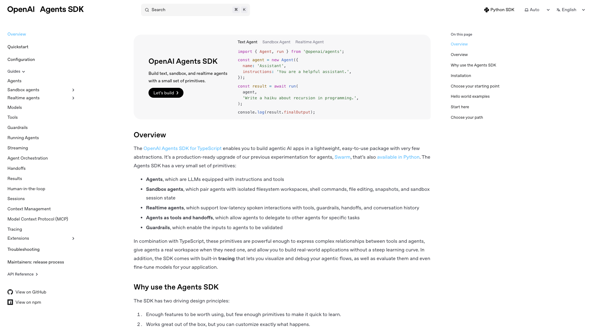 Screenshot of the OpenAI Agents SDK documentation, showing the TypeScript quickstart for building agents