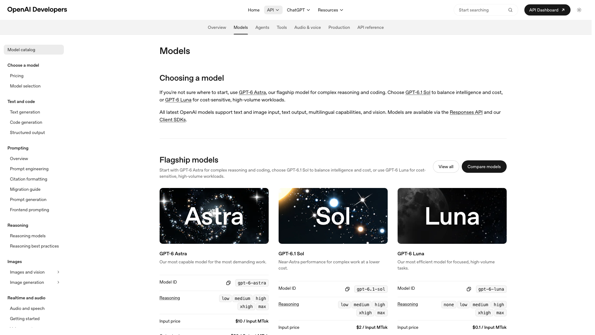 Screenshot of the OpenAI developer documentation listing its models