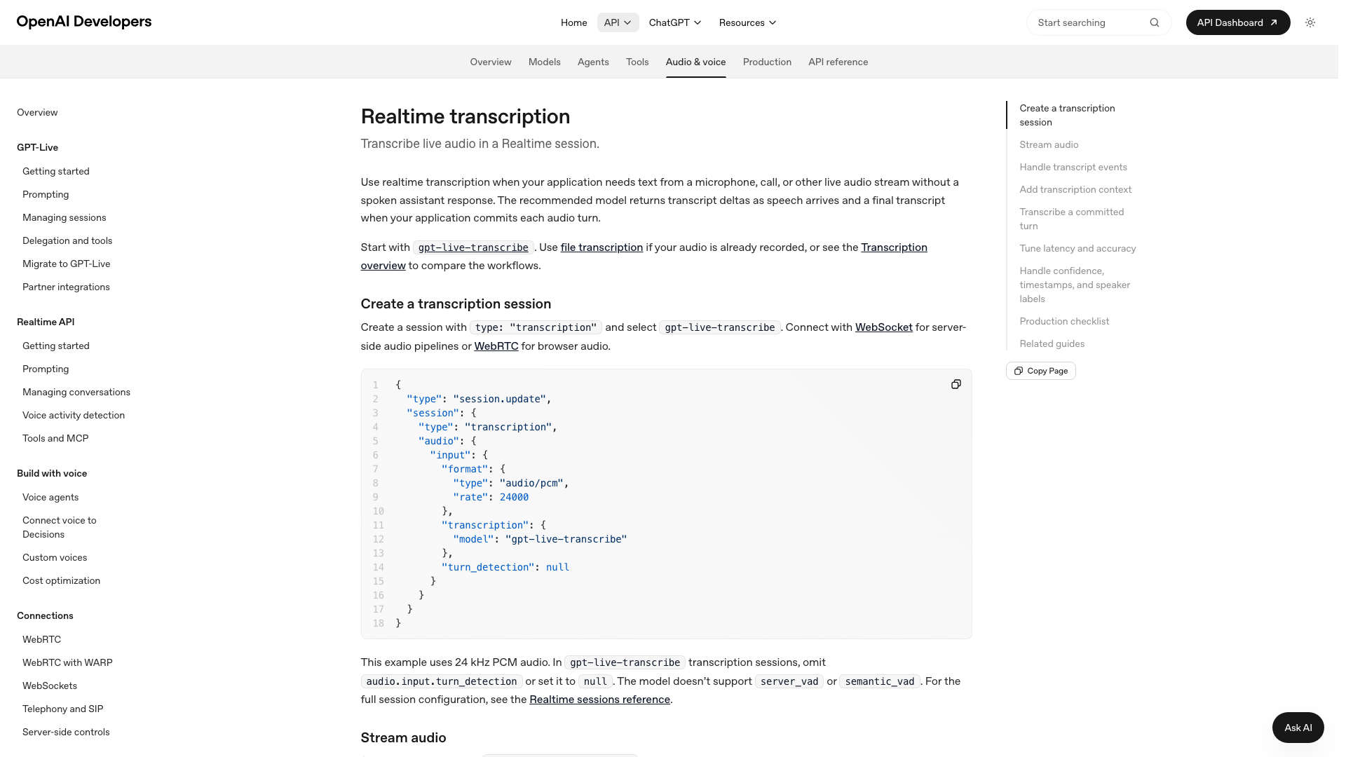 Screenshot of the OpenAI developer documentation on transcription