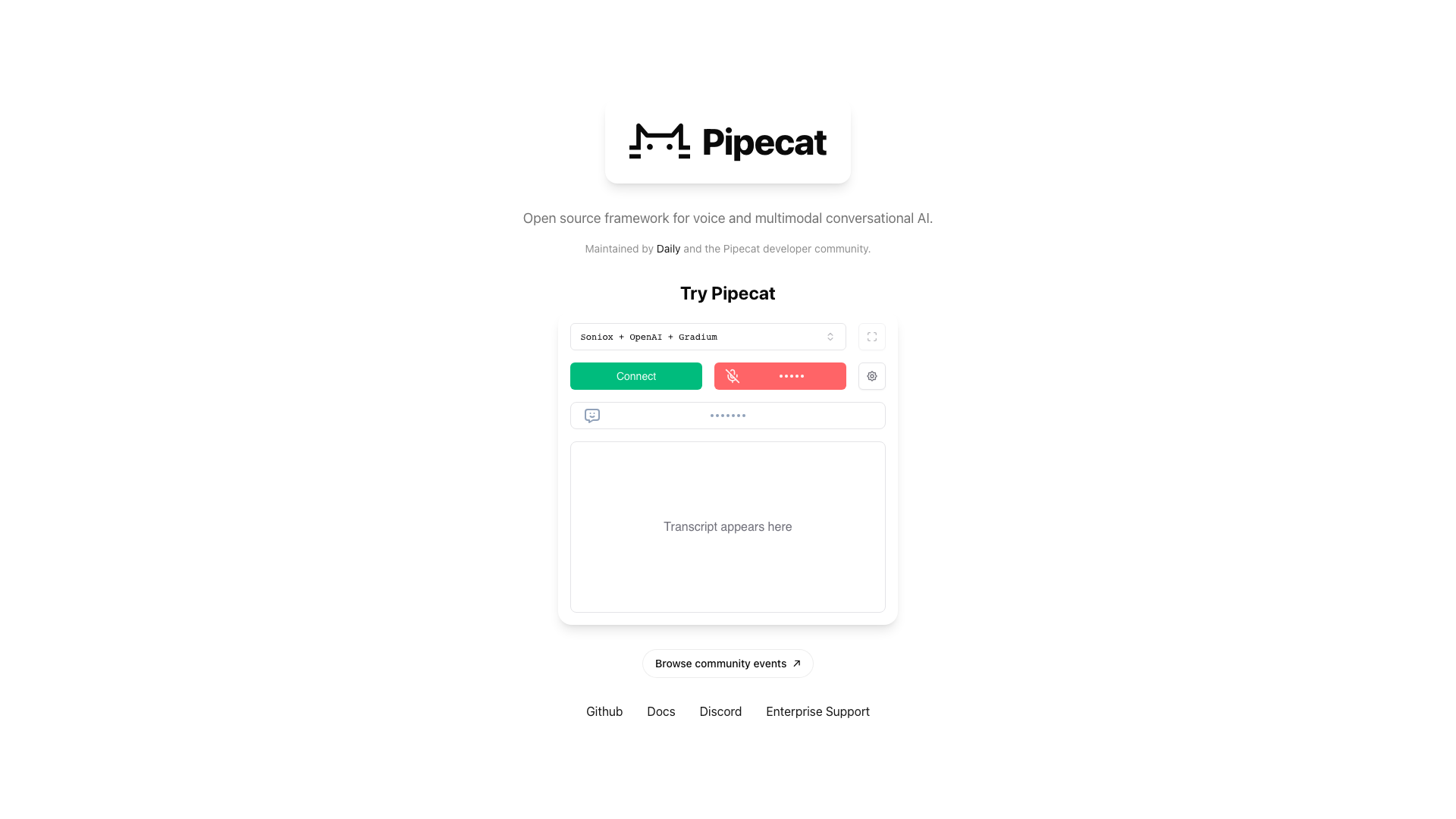 Screenshot of the Pipecat homepage, an open source framework for voice and multimodal conversational AI maintained by Daily