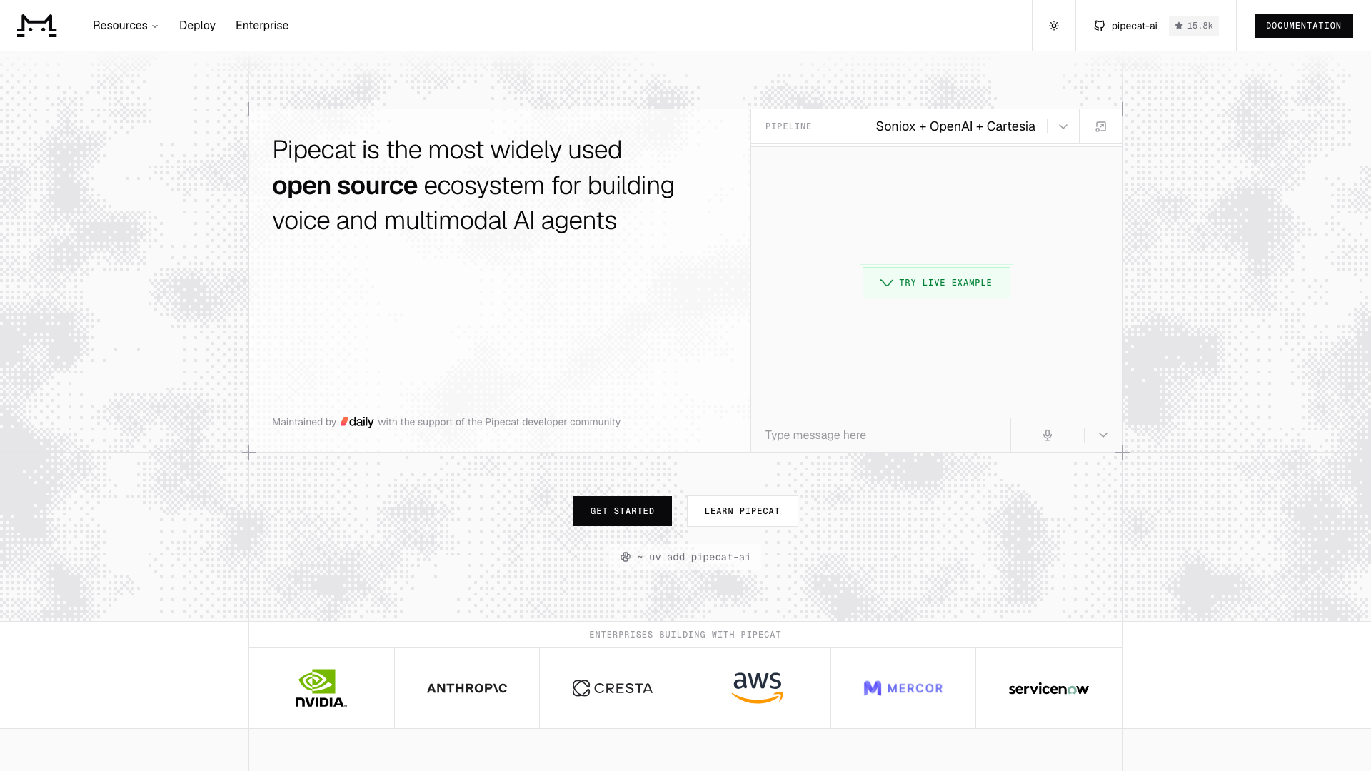 Screenshot of the Pipecat homepage, an open source ecosystem for building voice and multimodal AI agents