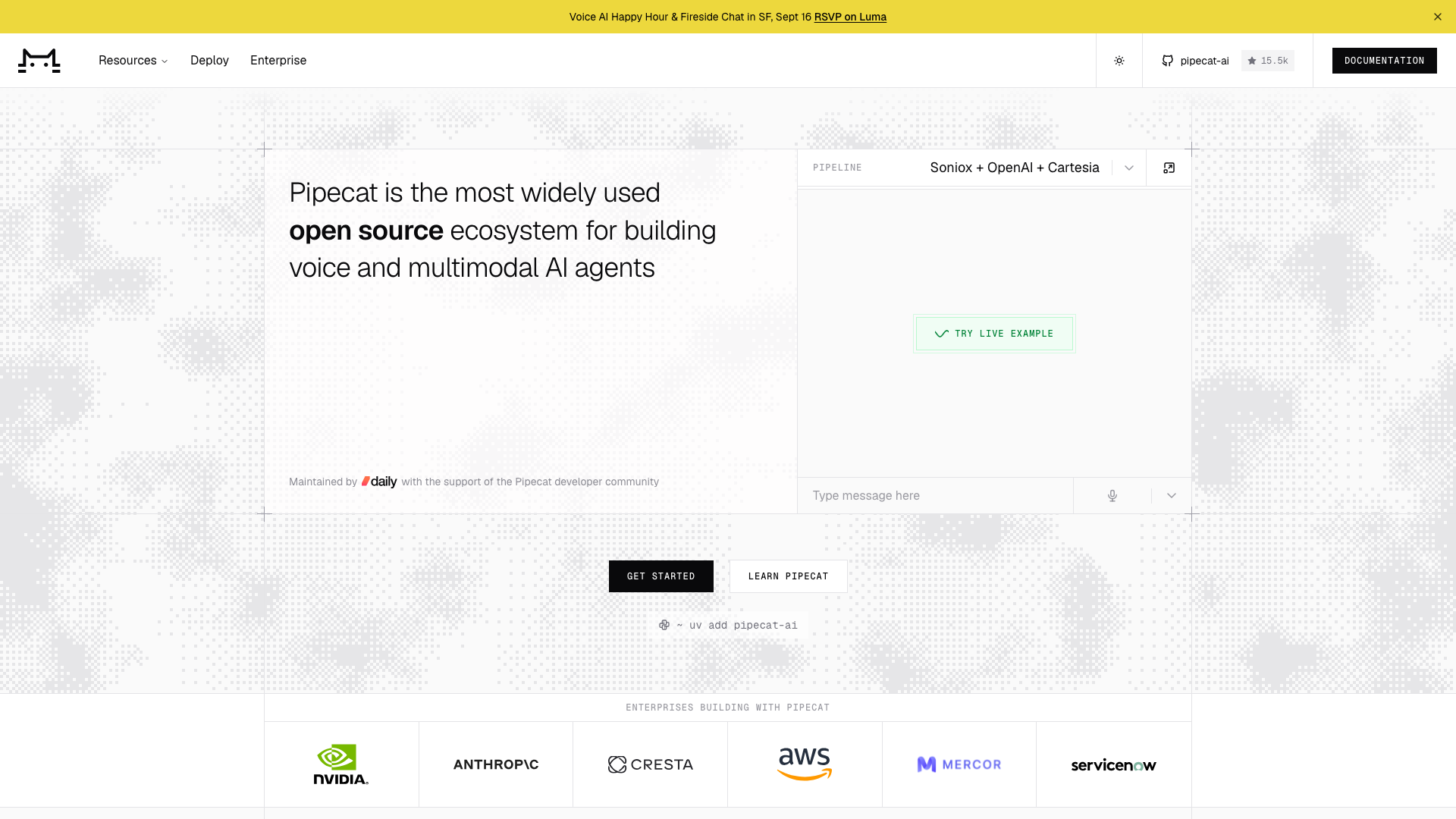 Screenshot of the Pipecat homepage, an open source ecosystem for building voice and multimodal AI agents