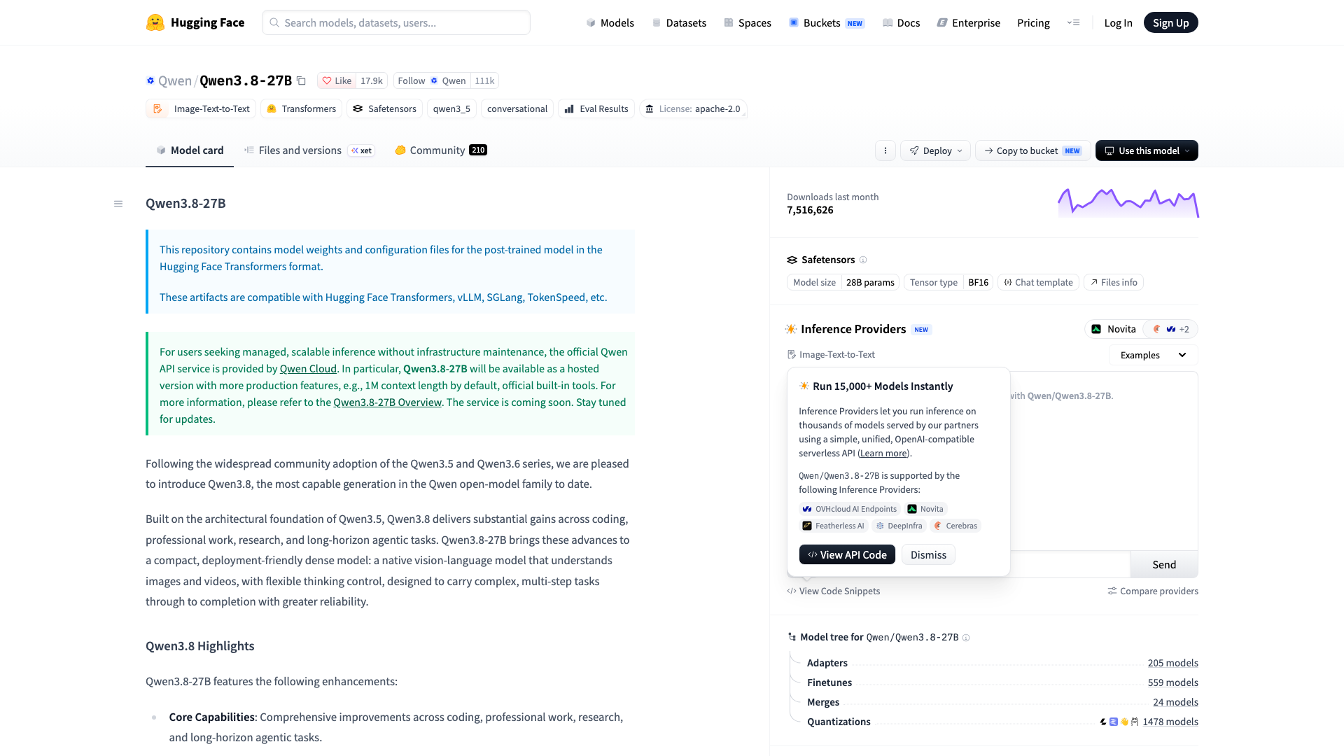 Screenshot of the Hugging Face page of Qwen3.8-27B, published by Qwen under the Apache 2.0 license