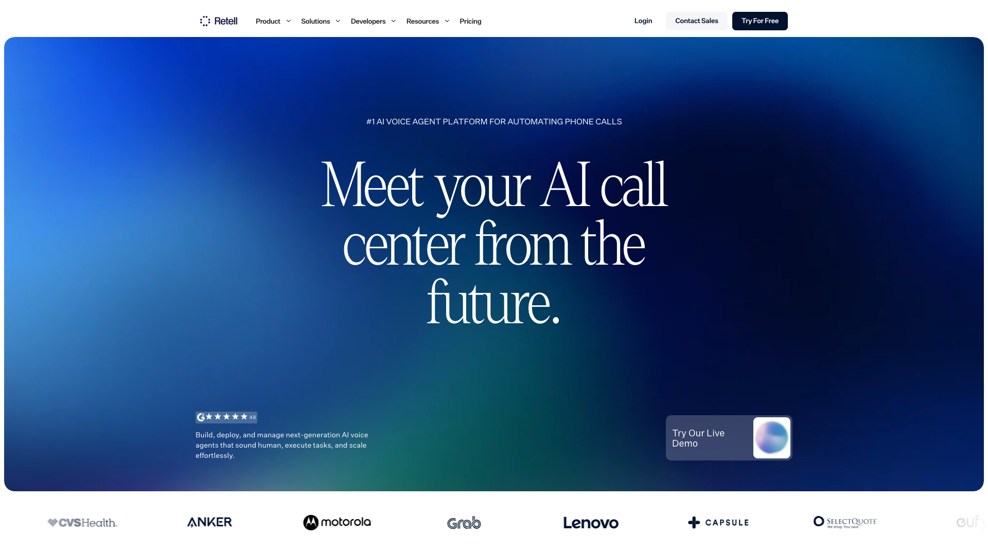 Screenshot of the Retell AI homepage, presenting an AI voice agent platform for automating phone calls