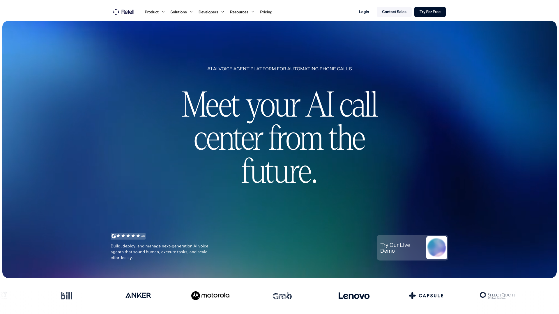 Screenshot of the Retell AI homepage, presenting an AI voice agent platform for automating phone calls