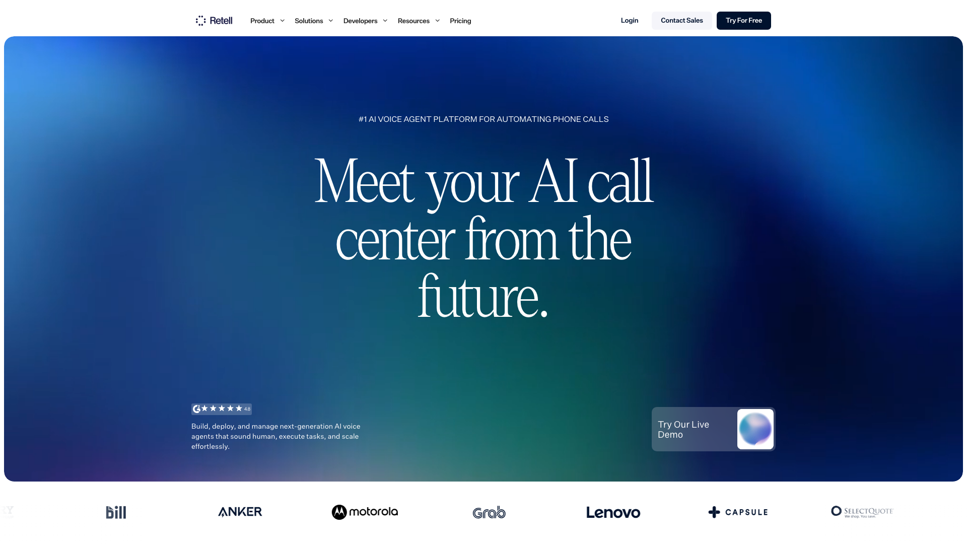 Screenshot of the Retell AI homepage, a hosted platform for building AI phone agents