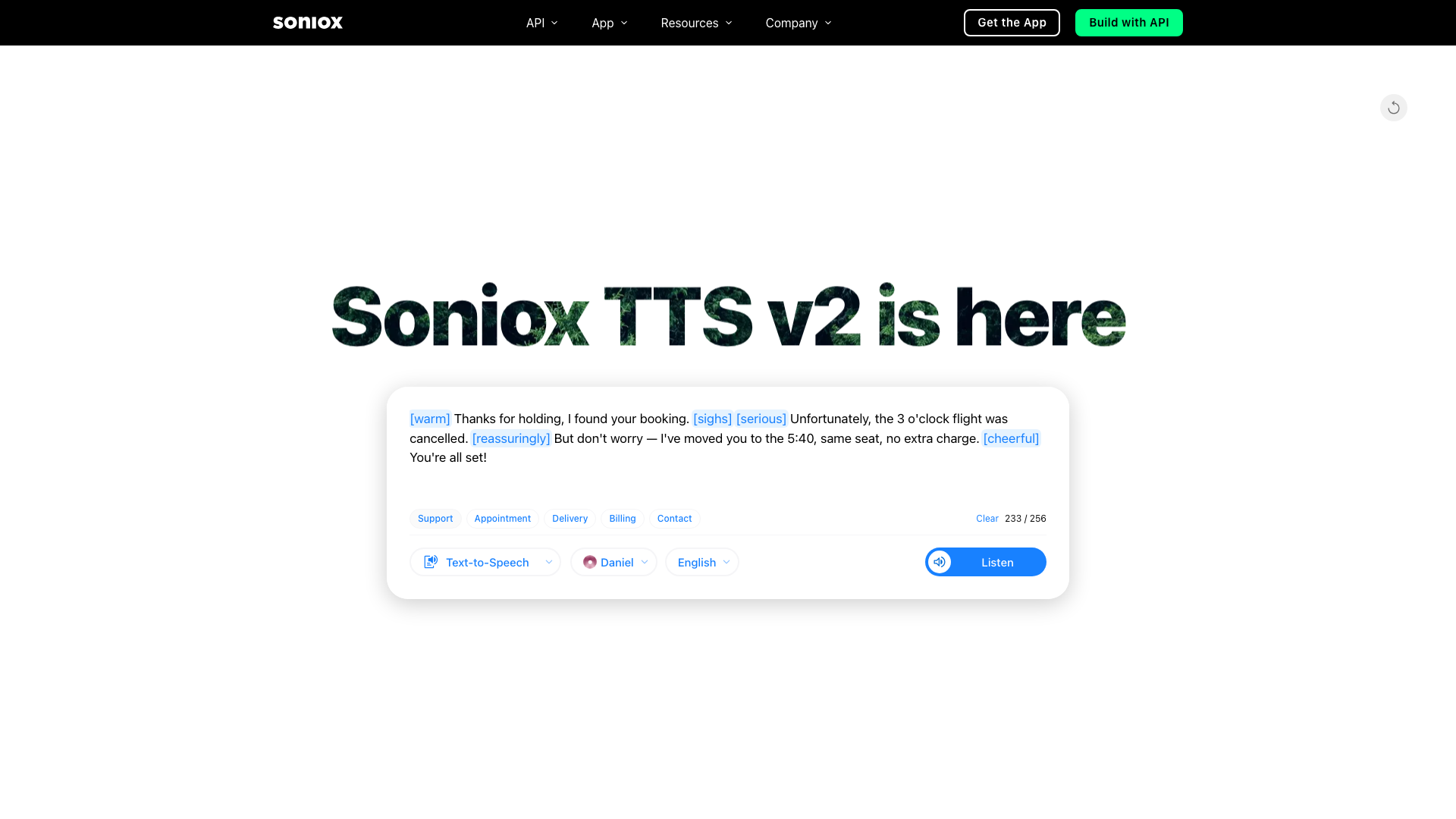 Screenshot of the Soniox homepage, showing its speech AI platform with a voice demo