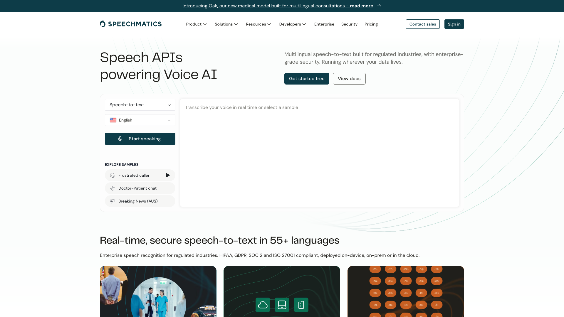 Screenshot of the Speechmatics homepage, presenting speech APIs for voice AI in more than 55 languages