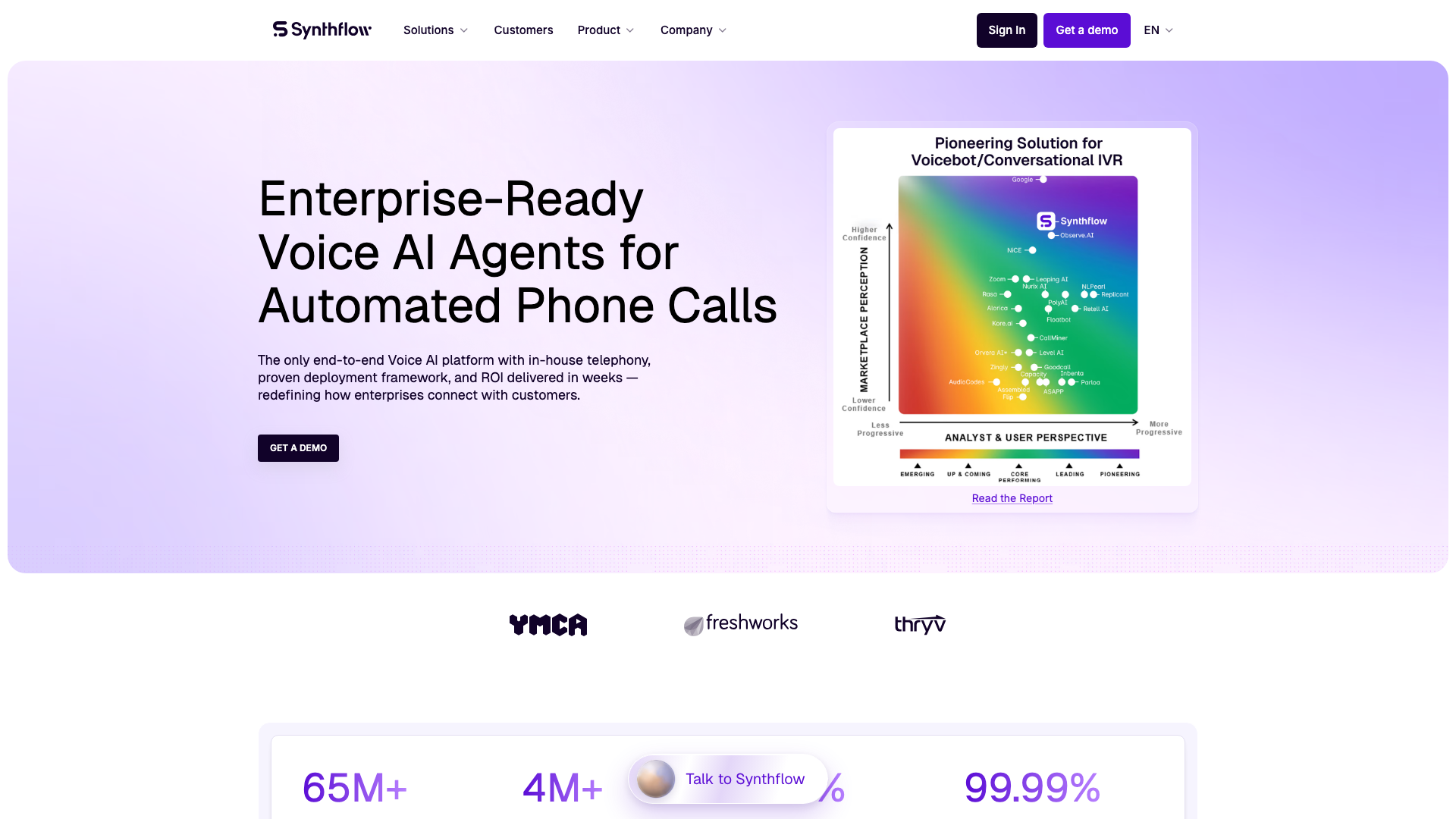 Screenshot of the Synthflow homepage, presenting enterprise voice AI agents for automated phone calls