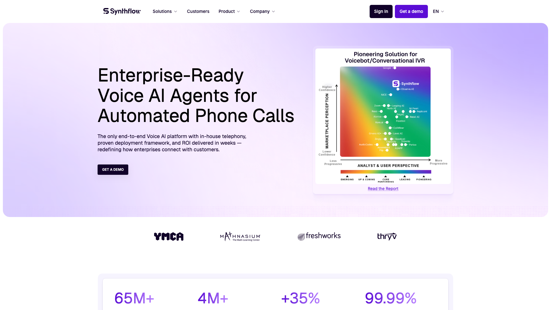 Screenshot of the Synthflow homepage, an enterprise voice AI platform for automated phone calls