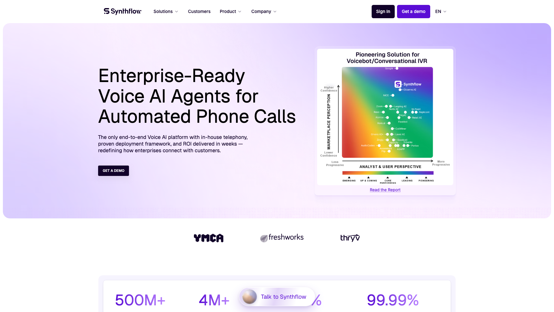 Screenshot of the Synthflow homepage, presenting enterprise-ready voice AI agents for automated phone calls