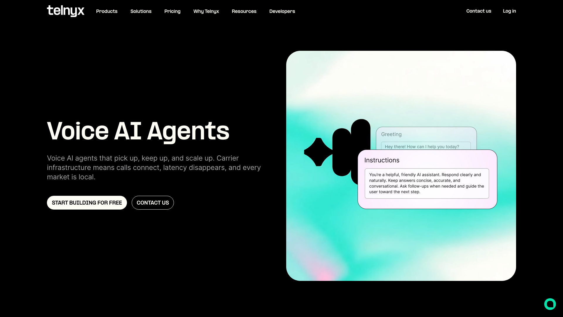 Screenshot of the Telnyx Voice AI Agents page, presenting voice agents running on carrier infrastructure