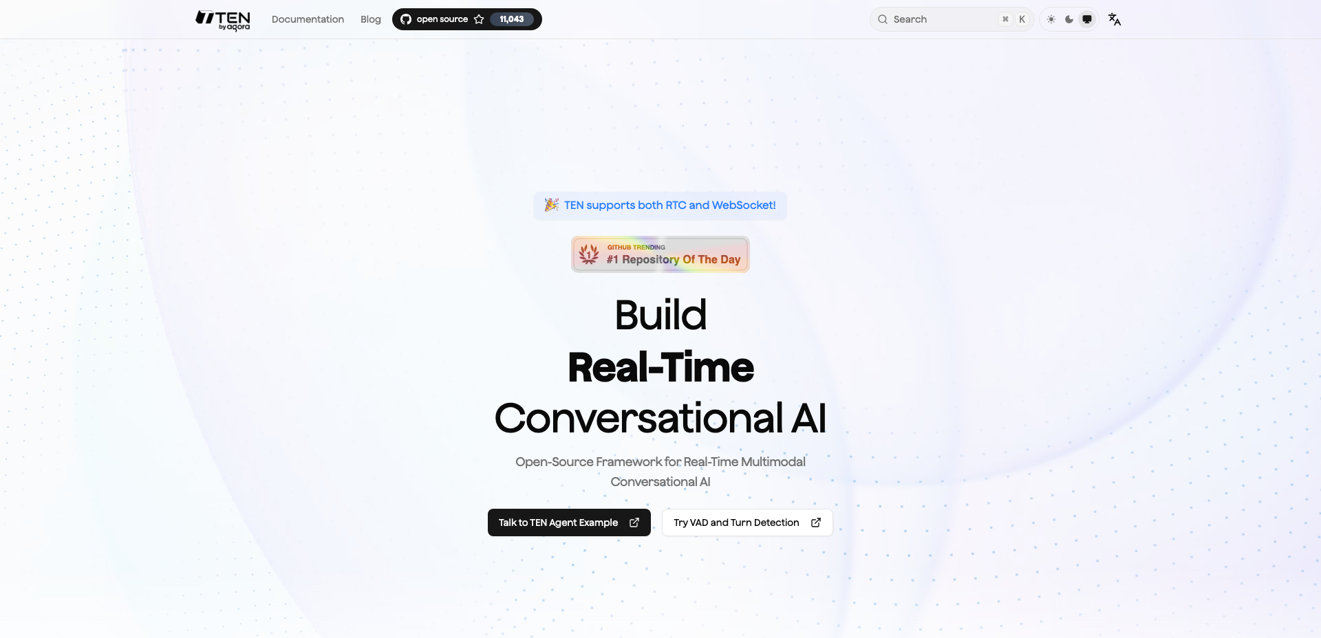 Screenshot of the TEN Framework homepage, an open source framework for real-time multimodal conversational AI