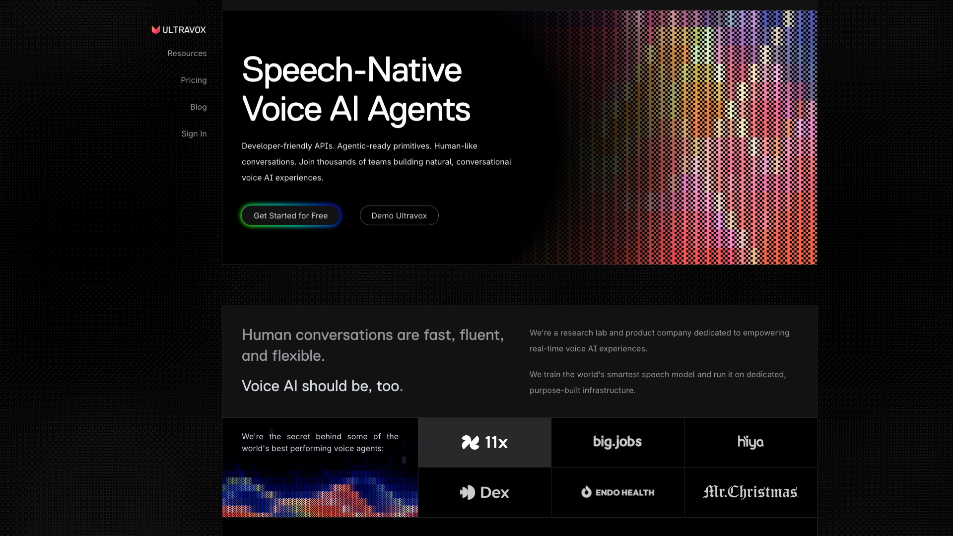 Screenshot of the Ultravox homepage, presenting speech-native voice AI agents