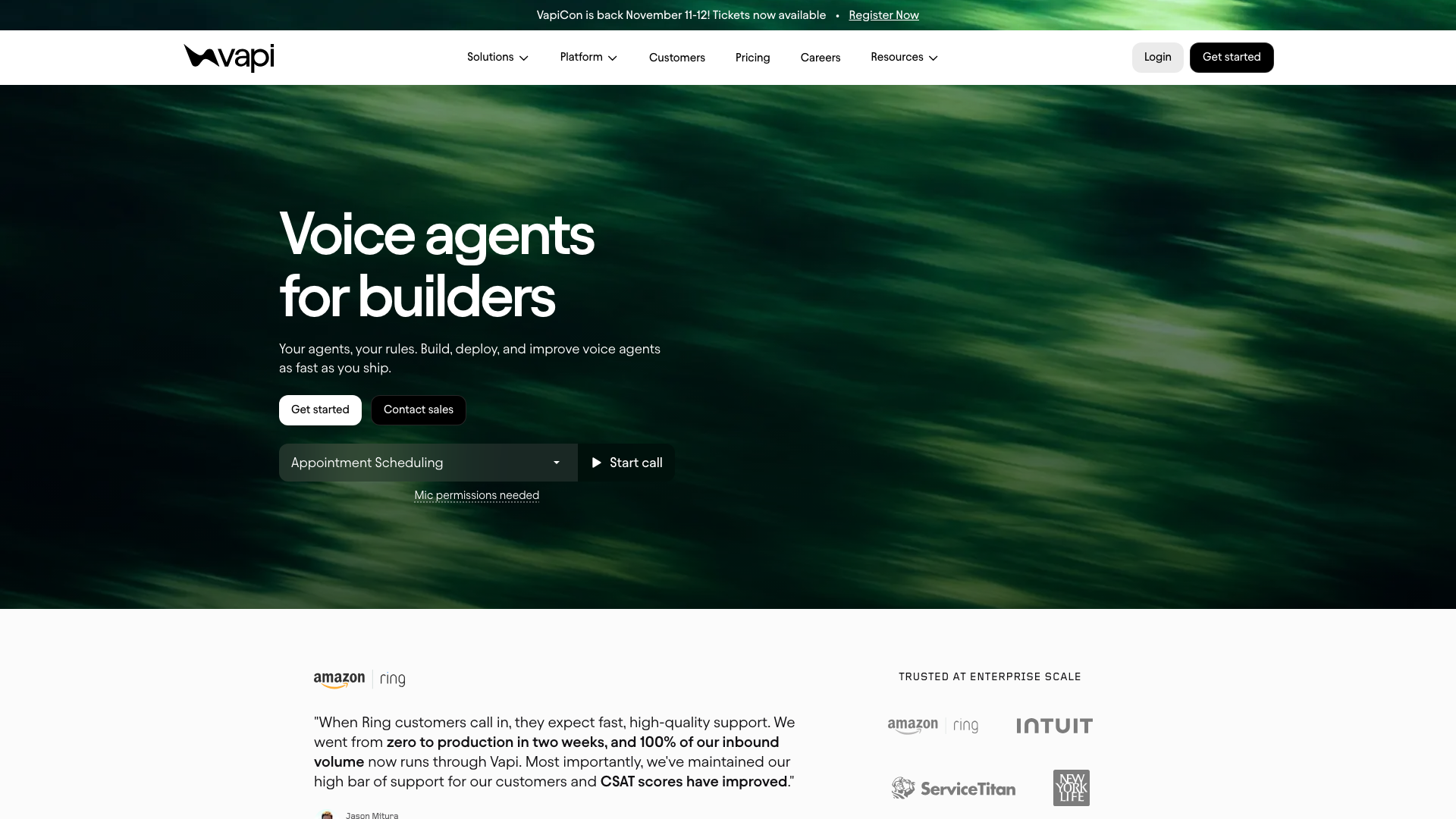Screenshot of the Vapi homepage, presenting voice agents for builders