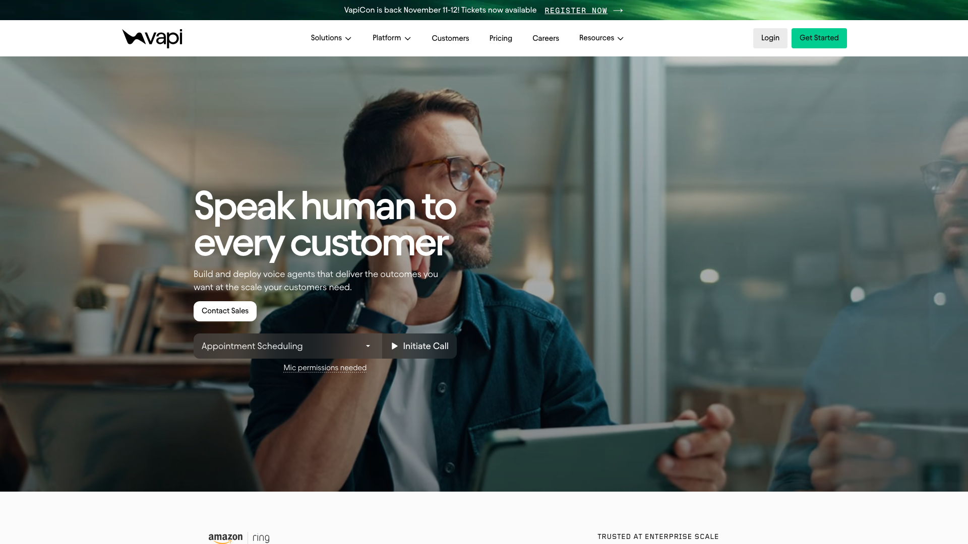 Screenshot of the Vapi homepage, a hosted platform for building and deploying voice agents