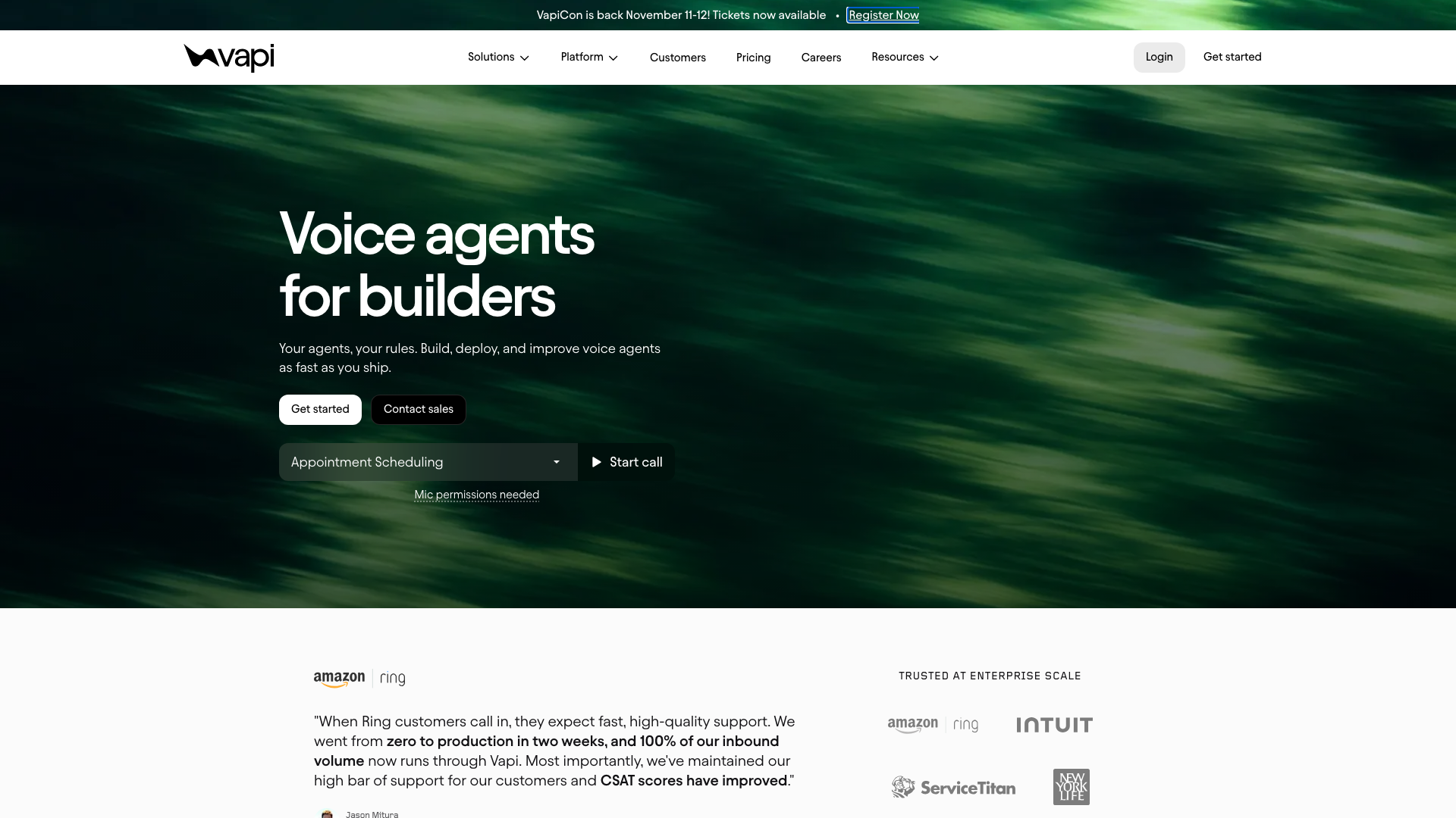 Screenshot of the Vapi homepage, presenting voice agents for builders