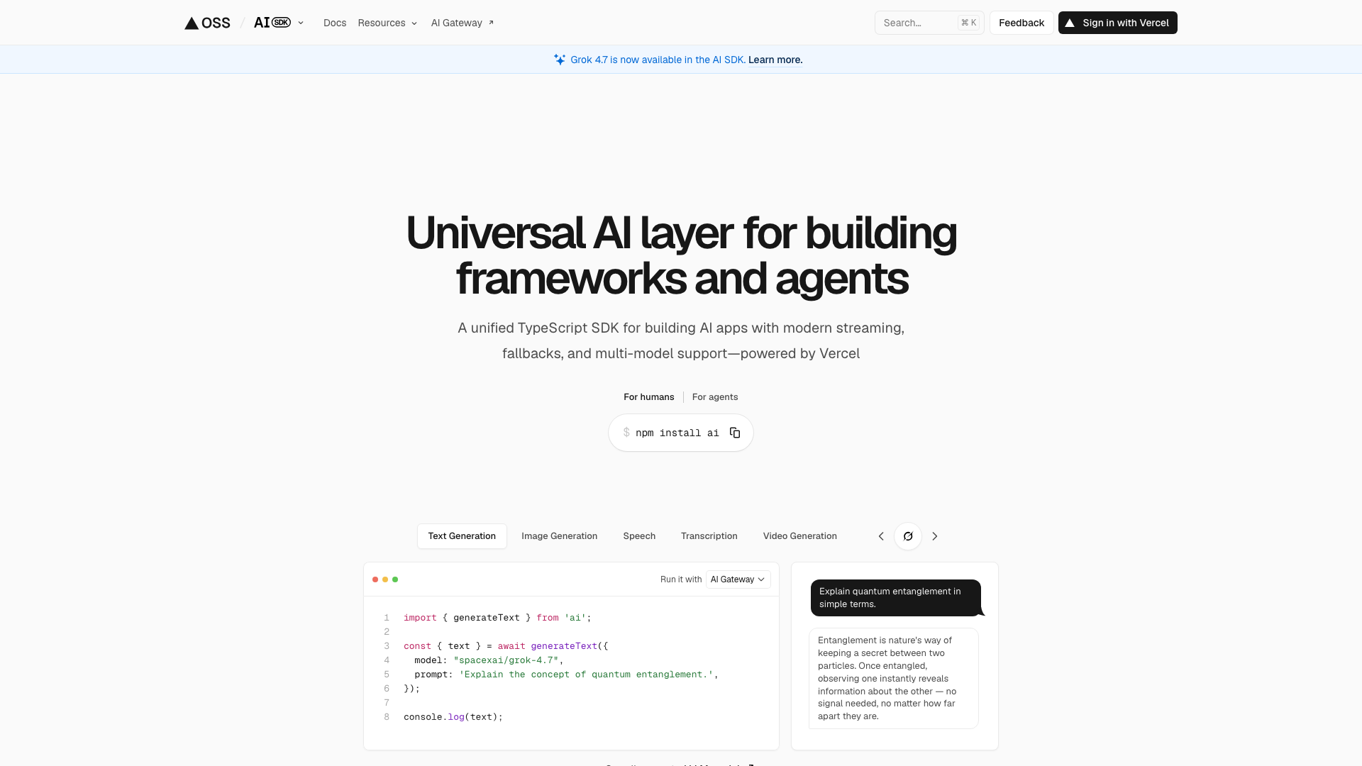Screenshot of the Vercel AI SDK homepage, a unified TypeScript SDK for building AI apps