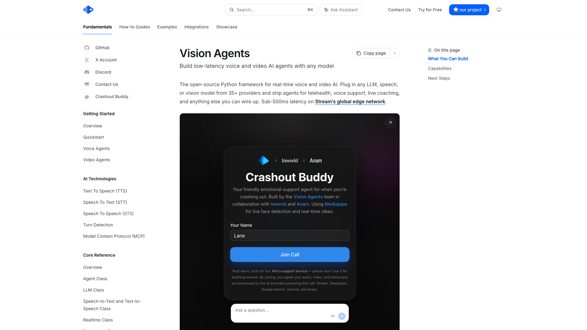 Screenshot of the Vision Agents documentation, an open source Python framework for real-time voice and video AI